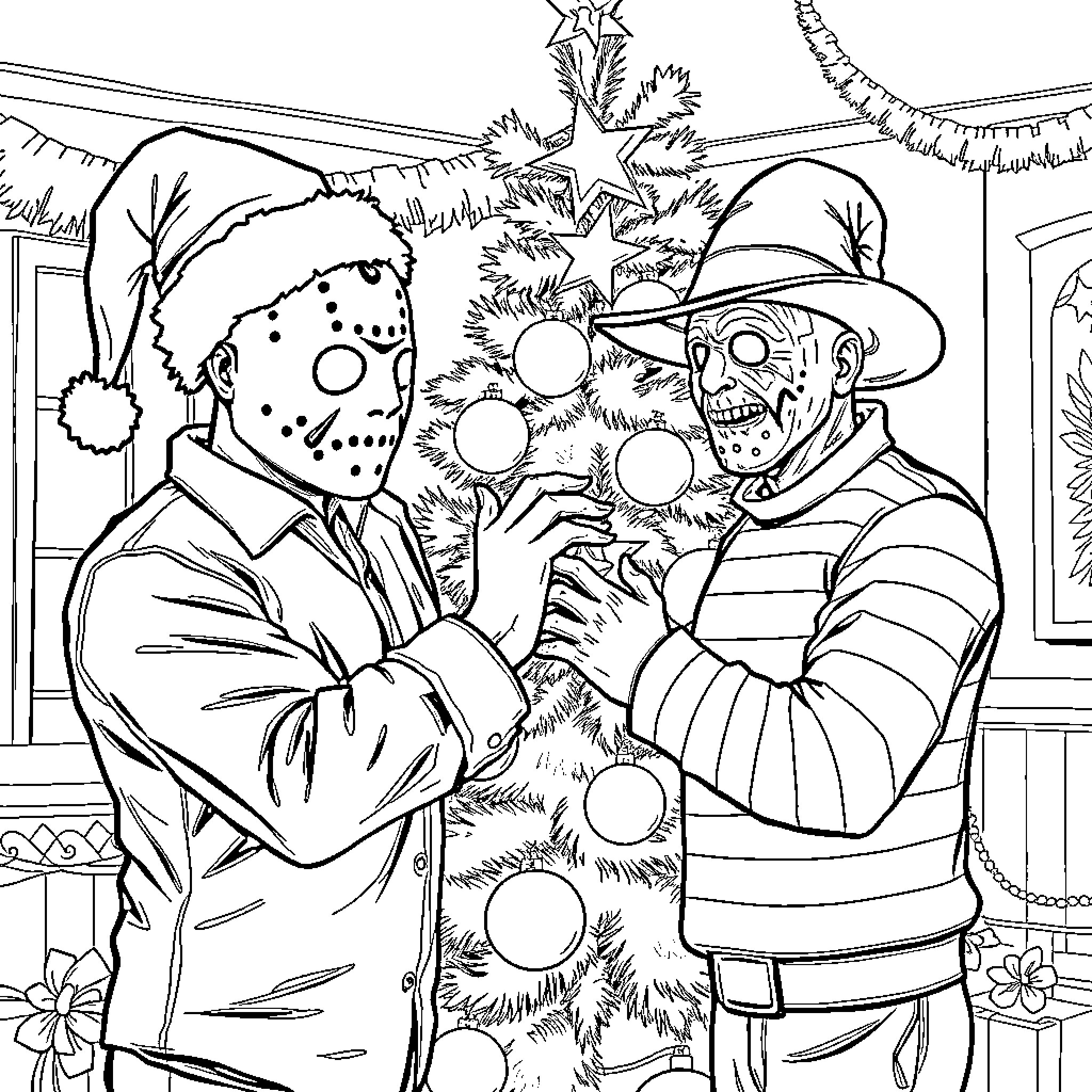 Jason Voorhees and Freddy Krueger Celebrating Christmas Coloring Page (free black-and-white line drawing printable PDF for all, from beginners to advanced learners, including children, teens, adults, and seniors)