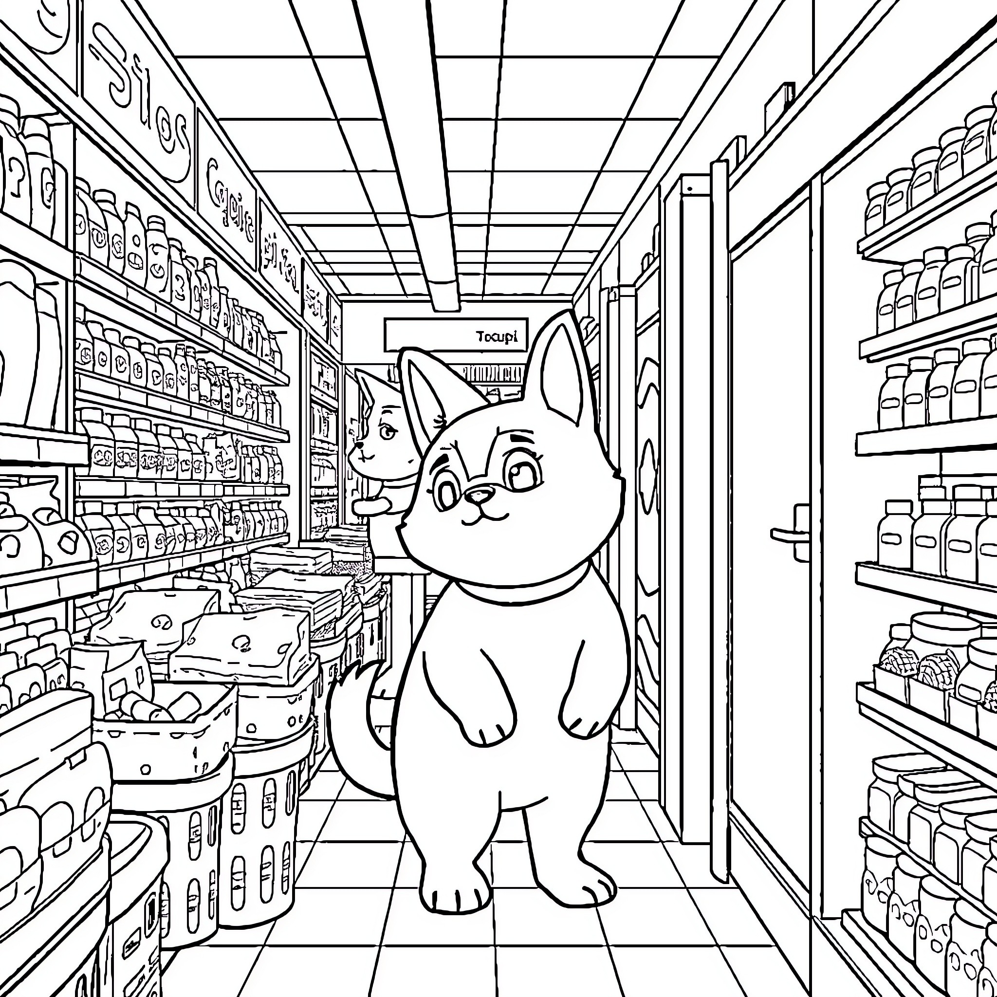 Tchoupi exploring a busy grocery store Coloring Page (free black-and-white line drawing printable PDF for all, from beginners to advanced learners, including children, teens, adults, and seniors)