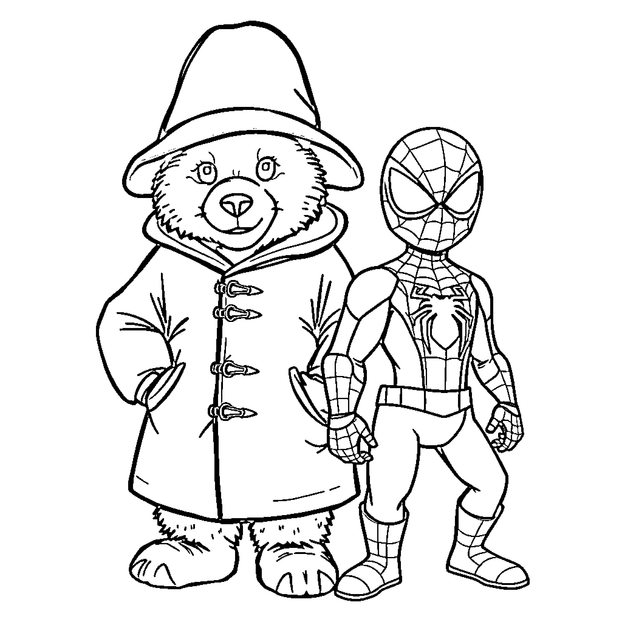 Paddington Bear and Spiderman Together Coloring Page (free black-and-white line drawing printable PDF for all, from beginners to advanced learners, including children, teens, adults, and seniors)