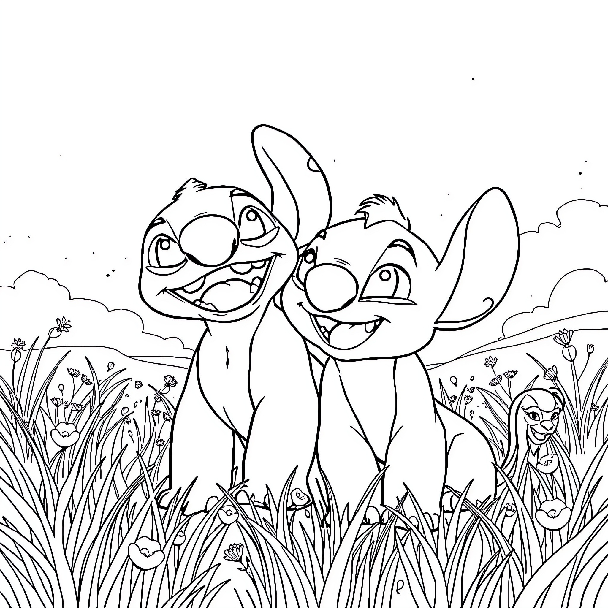 Stitch and Simba playing happily in the field Coloring Page (free black-and-white line drawing printable PDF for all, from beginners to advanced learners, including children, teens, adults, and seniors)