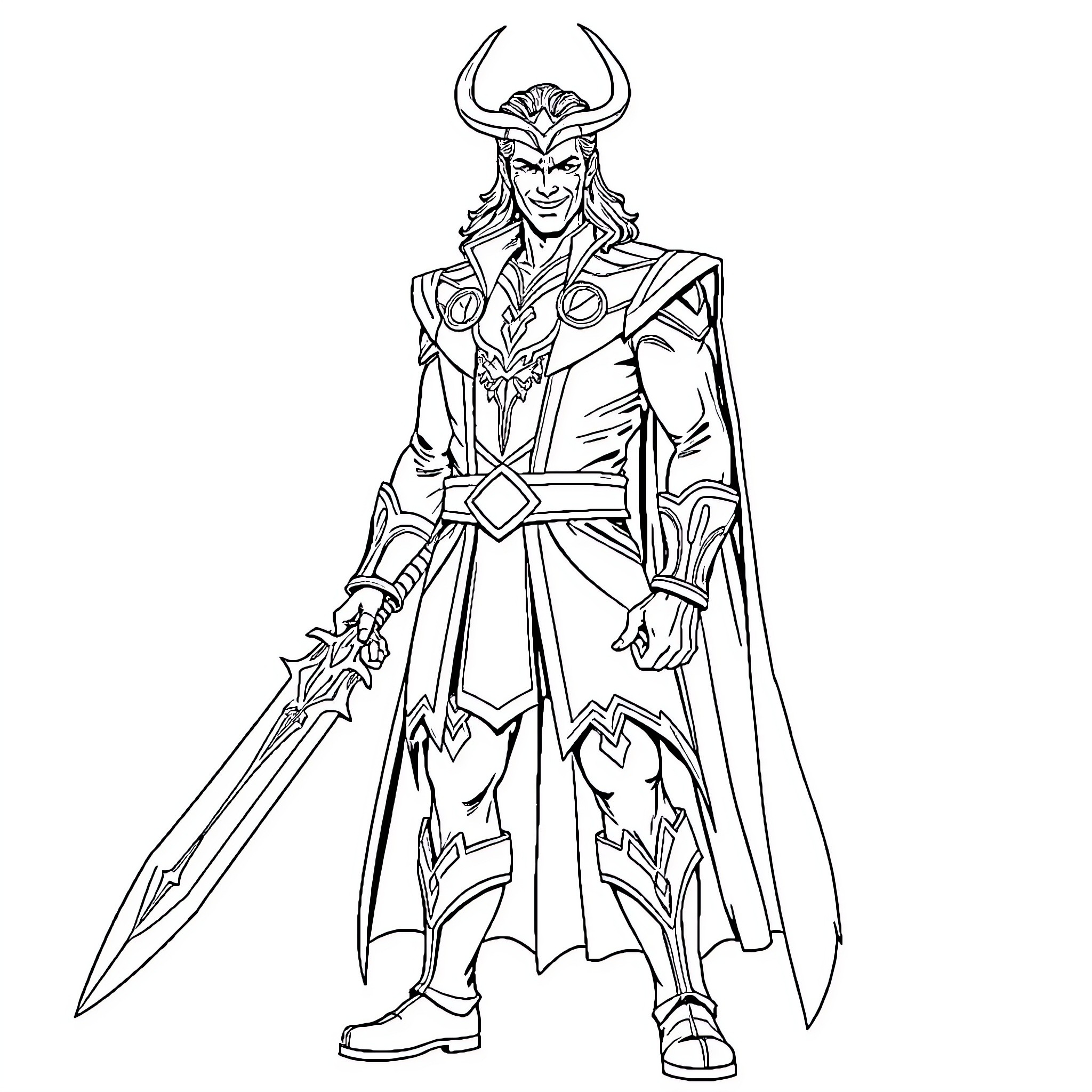 Loki wielding powerful sword in heroic stance Coloring Page (free black-and-white line drawing printable PDF for all, from beginners to advanced learners, including children, teens, adults, and seniors)