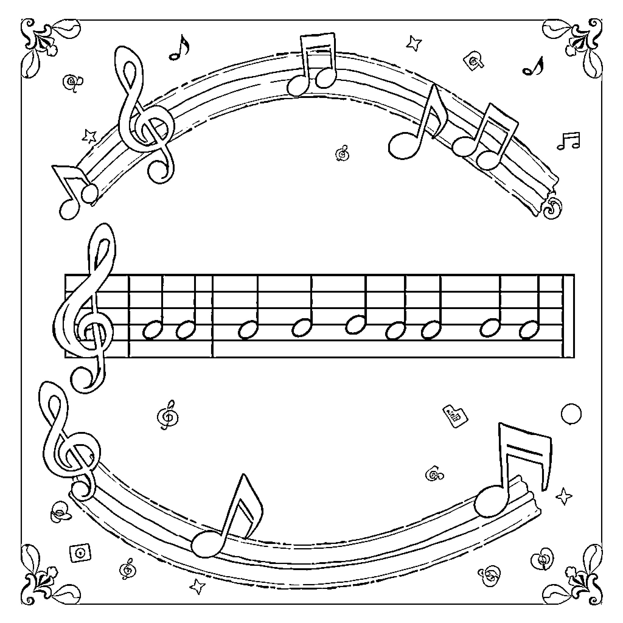 Music Scale with Musical Notes and Symbols Coloring Page (free black-and-white line drawing printable PDF for all, from beginners to advanced learners, including children, teens, adults, and seniors)