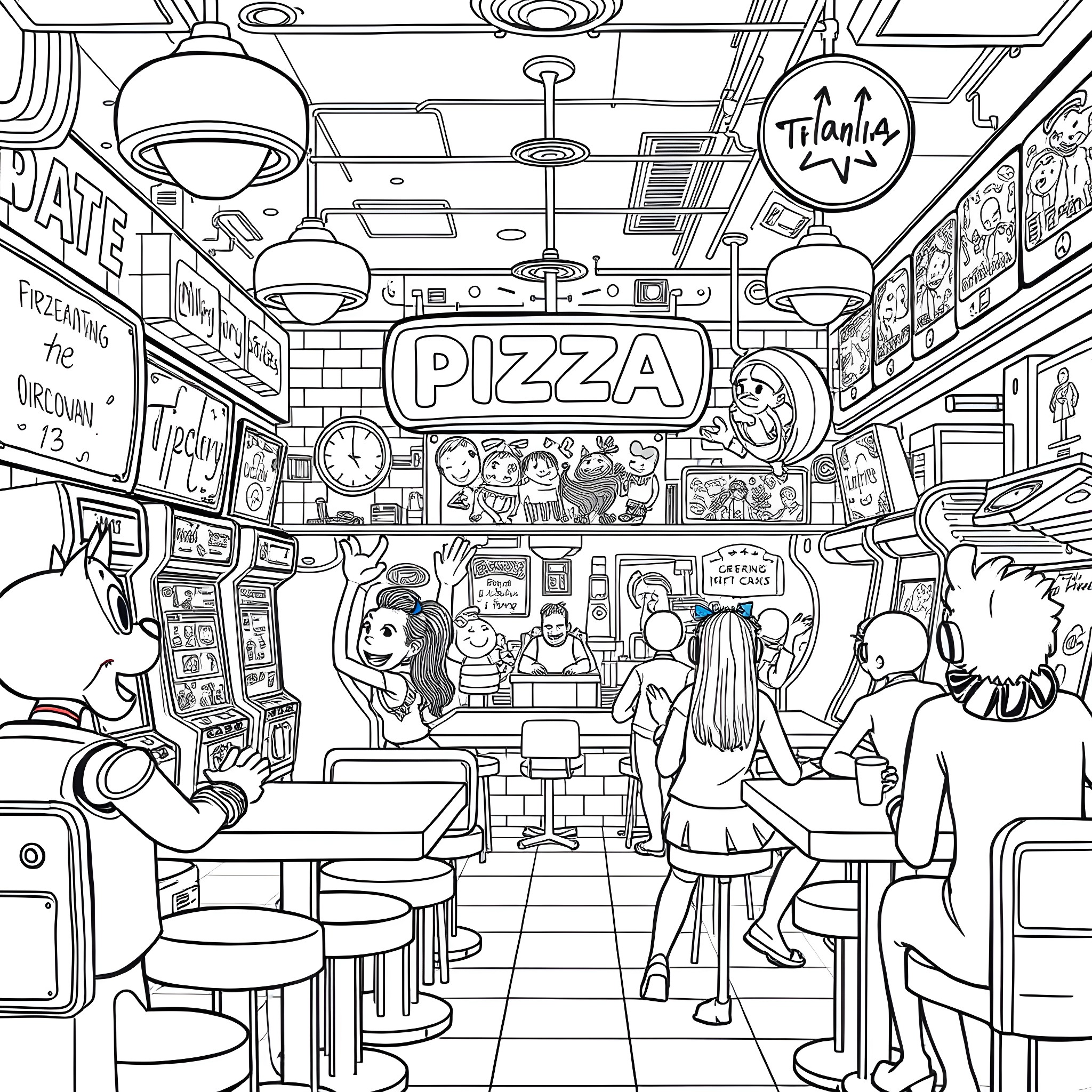 Freddy's Vibrant Pizza Parlor Coloring Page (free black-and-white line drawing printable PDF for all, from beginners to advanced learners, including children, teens, adults, and seniors)