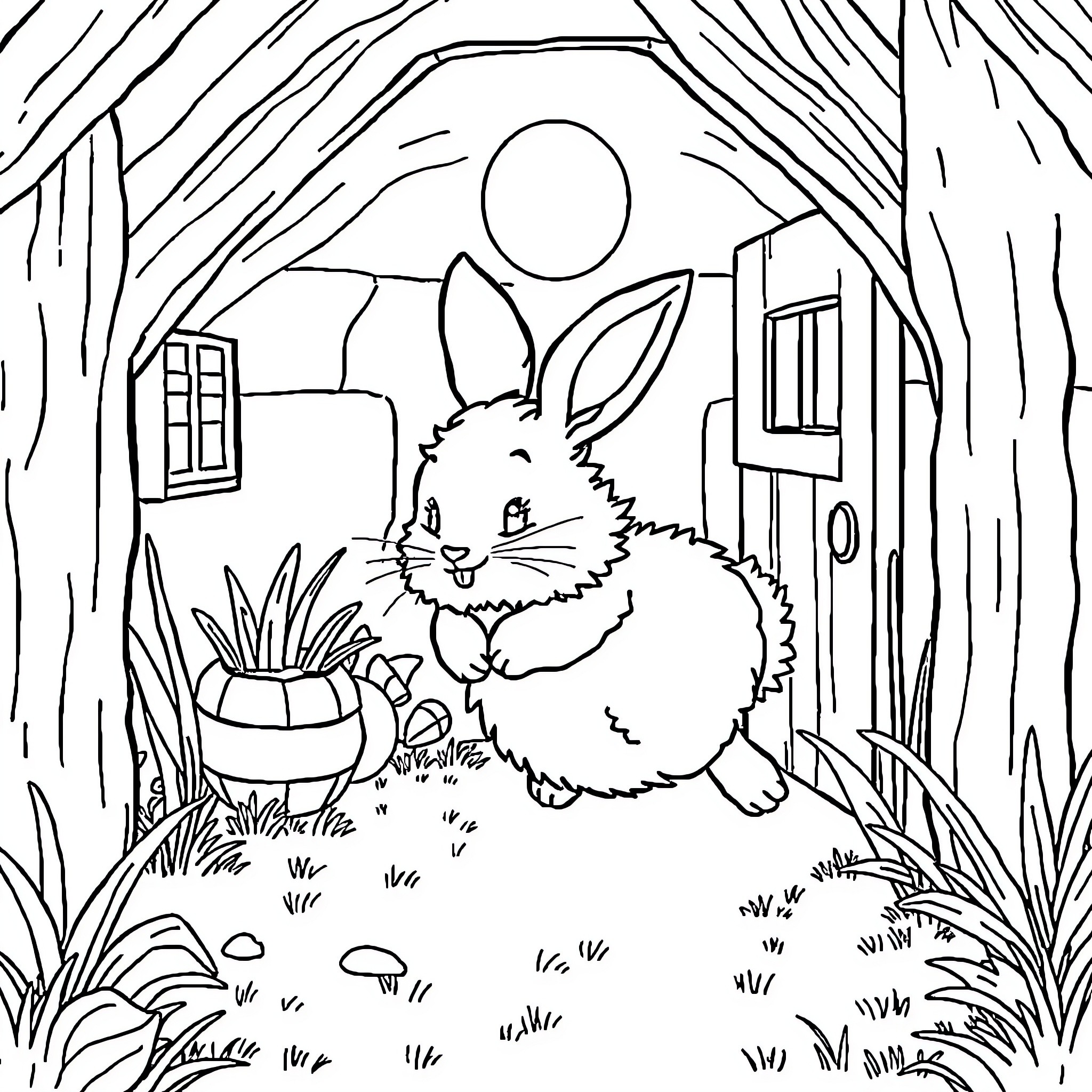 Bunny hopping through the garden at night Coloring Page (free black-and-white line drawing printable PDF for all, from beginners to advanced learners, including children, teens, adults, and seniors)