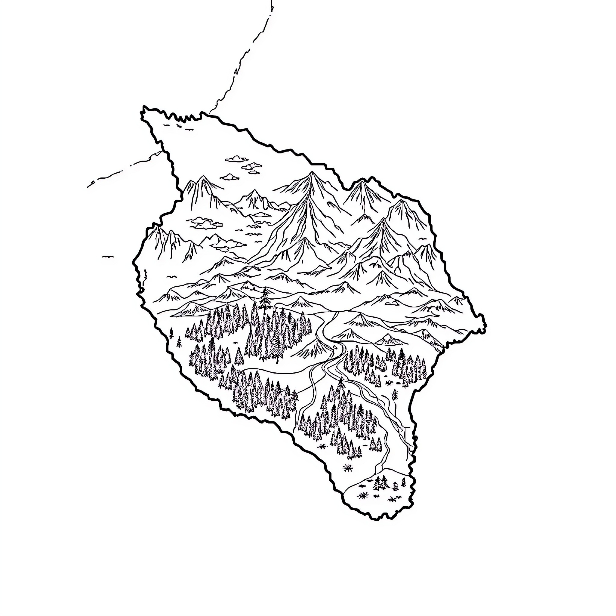 Map of majestic mountains and wilderness Coloring Page (free black-and-white line drawing printable PDF for all, from beginners to advanced learners, including children, teens, adults, and seniors)