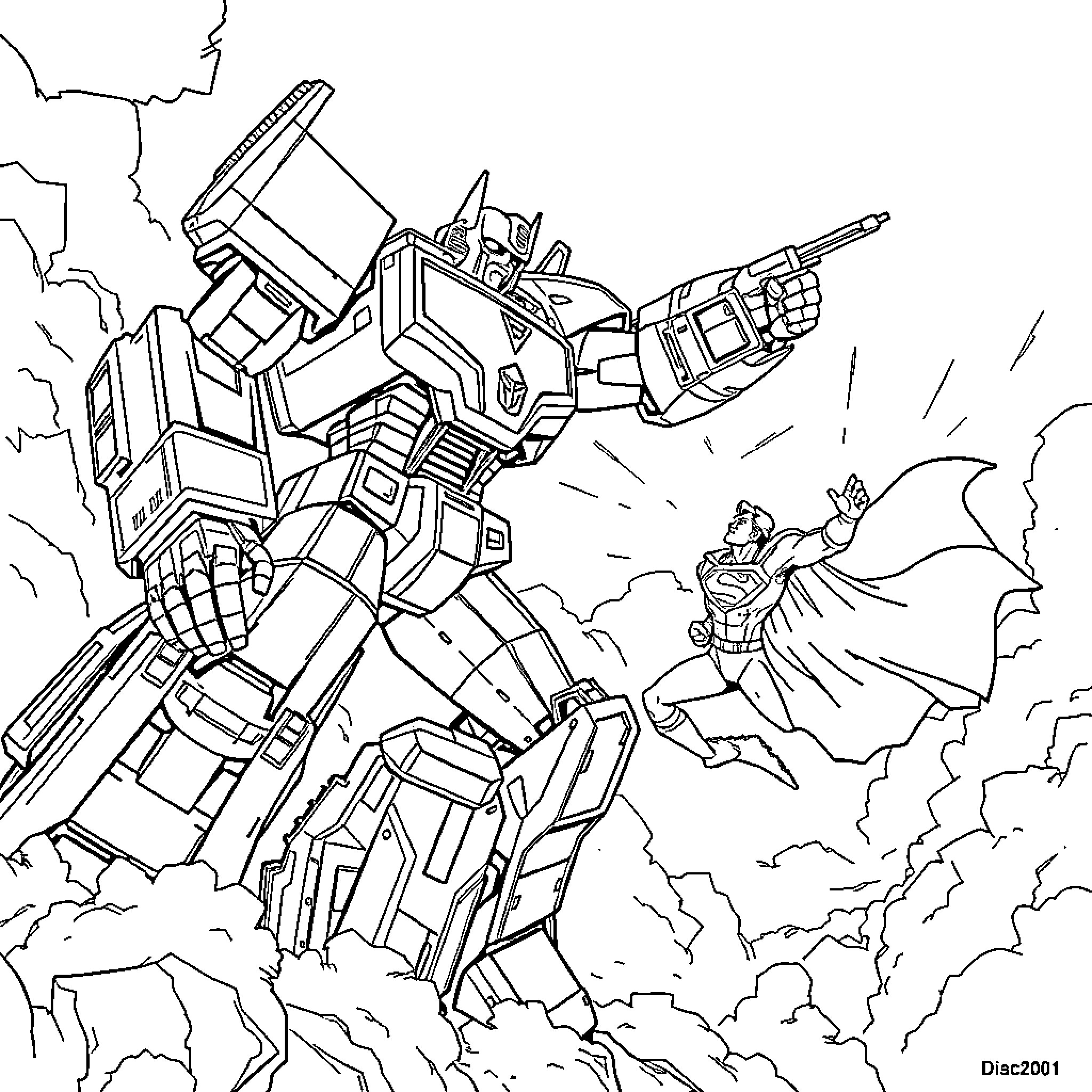 Transformer mech in epic battle with superhero Coloring Page (free black-and-white line drawing printable PDF for all, from beginners to advanced learners, including children, teens, adults, and seniors)