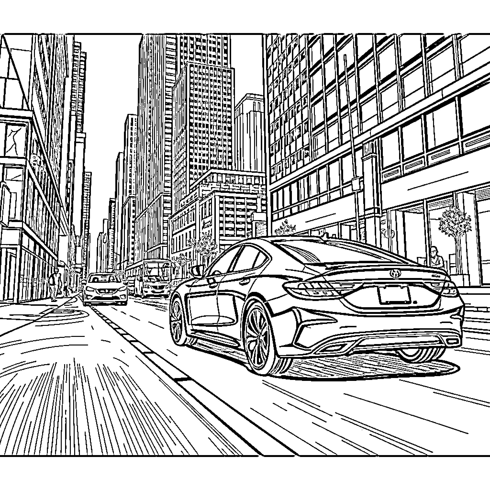 Car driving through bustling city streets Coloring Page (free black-and-white line drawing printable PDF for all, from beginners to advanced learners, including children, teens, adults, and seniors)