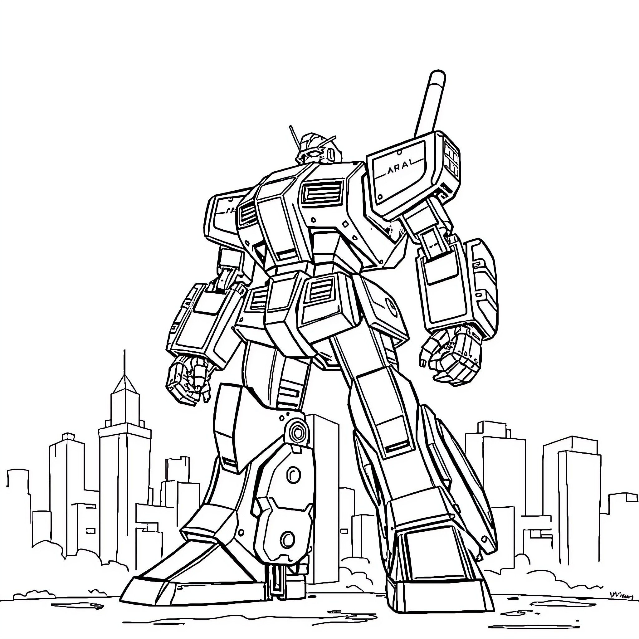 Robot Mech Standing Tall in the City Coloring Page (free black-and-white line drawing printable PDF for all, from beginners to advanced learners, including children, teens, adults, and seniors)