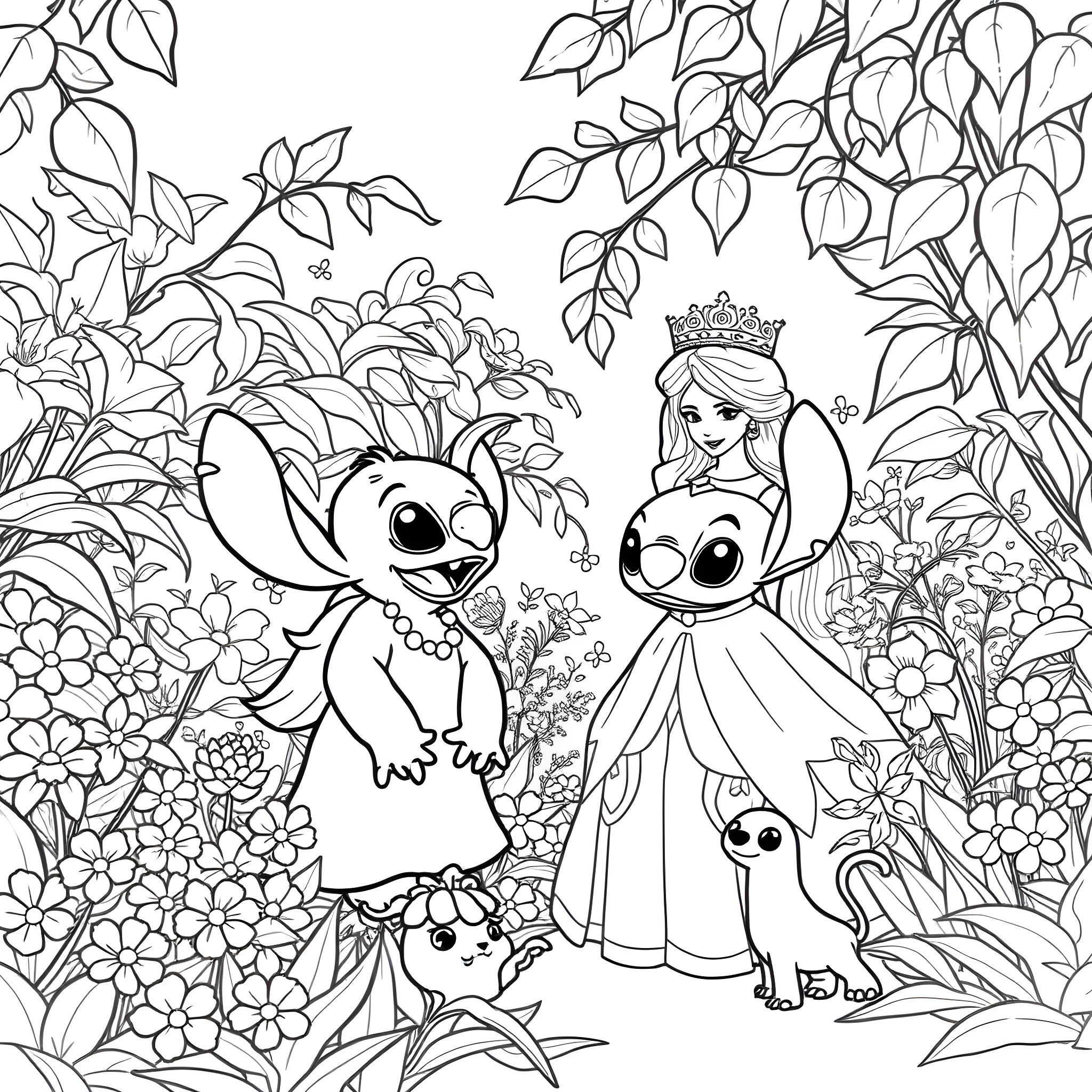 Lilo enjoying nature with her friends Stitch and Angel Coloring Page (free black-and-white line drawing printable PDF for all, from beginners to advanced learners, including children, teens, adults, and seniors)