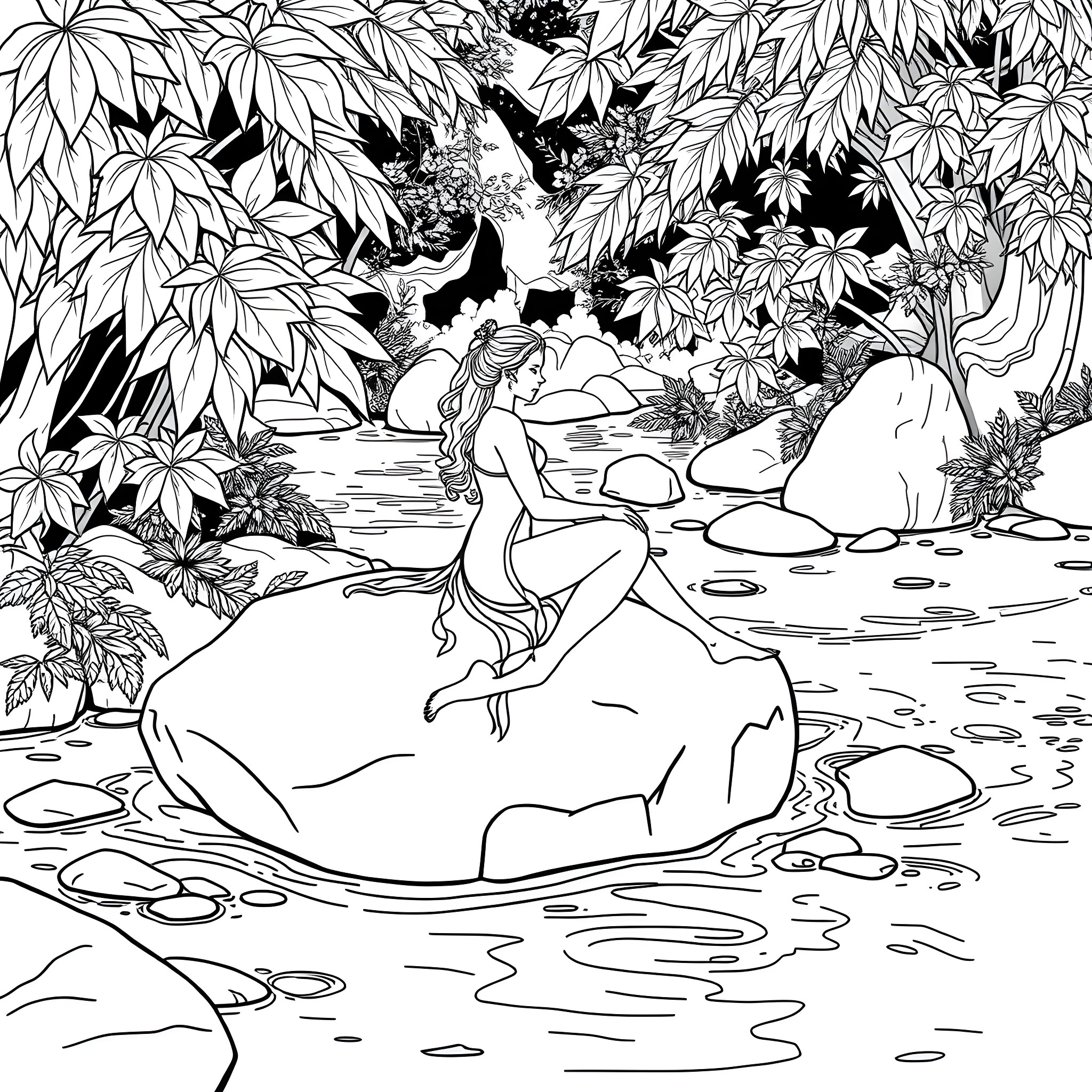 Lady enjoying tranquil nature scene with flowing stream Coloring Page (free black-and-white line drawing printable PDF for all, from beginners to advanced learners, including children, teens, adults, and seniors)