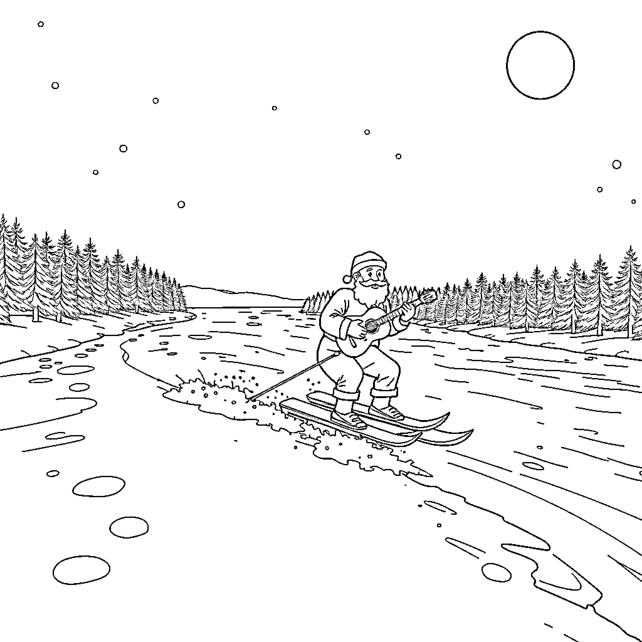 Père Noël skiing through the snowy forest Coloring Page (free black-and-white line drawing printable PDF for all, from beginners to advanced learners, including children, teens, adults, and seniors)