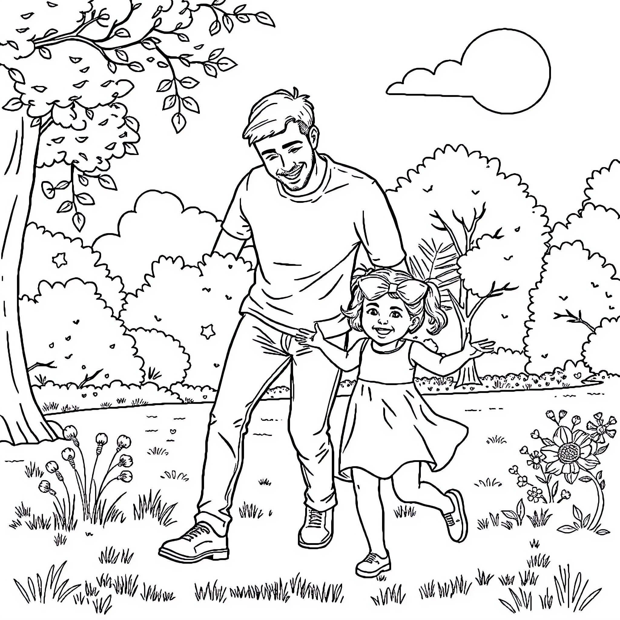 Father and daughter enjoying nature Coloring Page (free black-and-white line drawing printable PDF for all, from beginners to advanced learners, including children, teens, adults, and seniors)