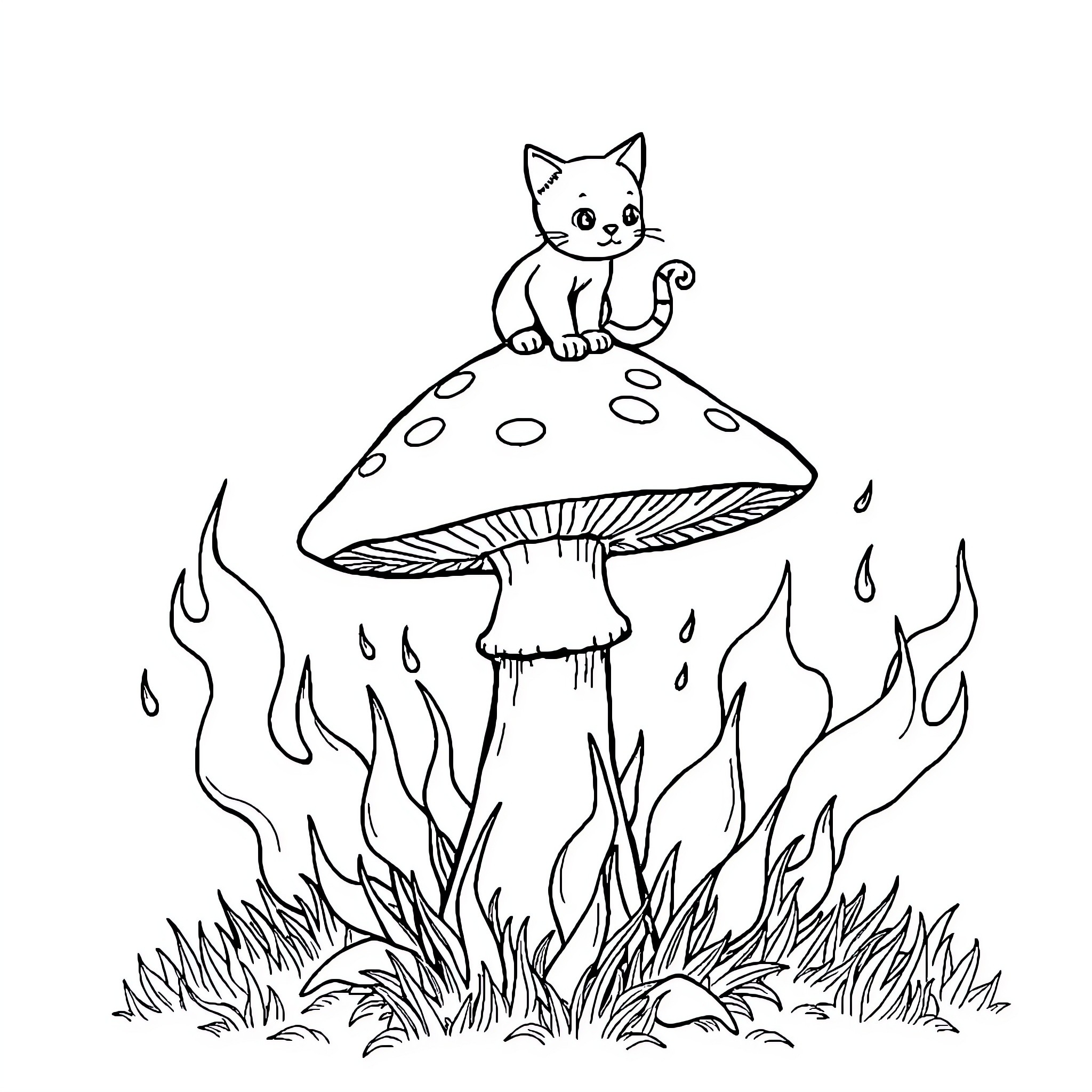 Cat sitting on a mushroom in the forest Coloring Page (free black-and-white line drawing printable PDF for all, from beginners to advanced learners, including children, teens, adults, and seniors)