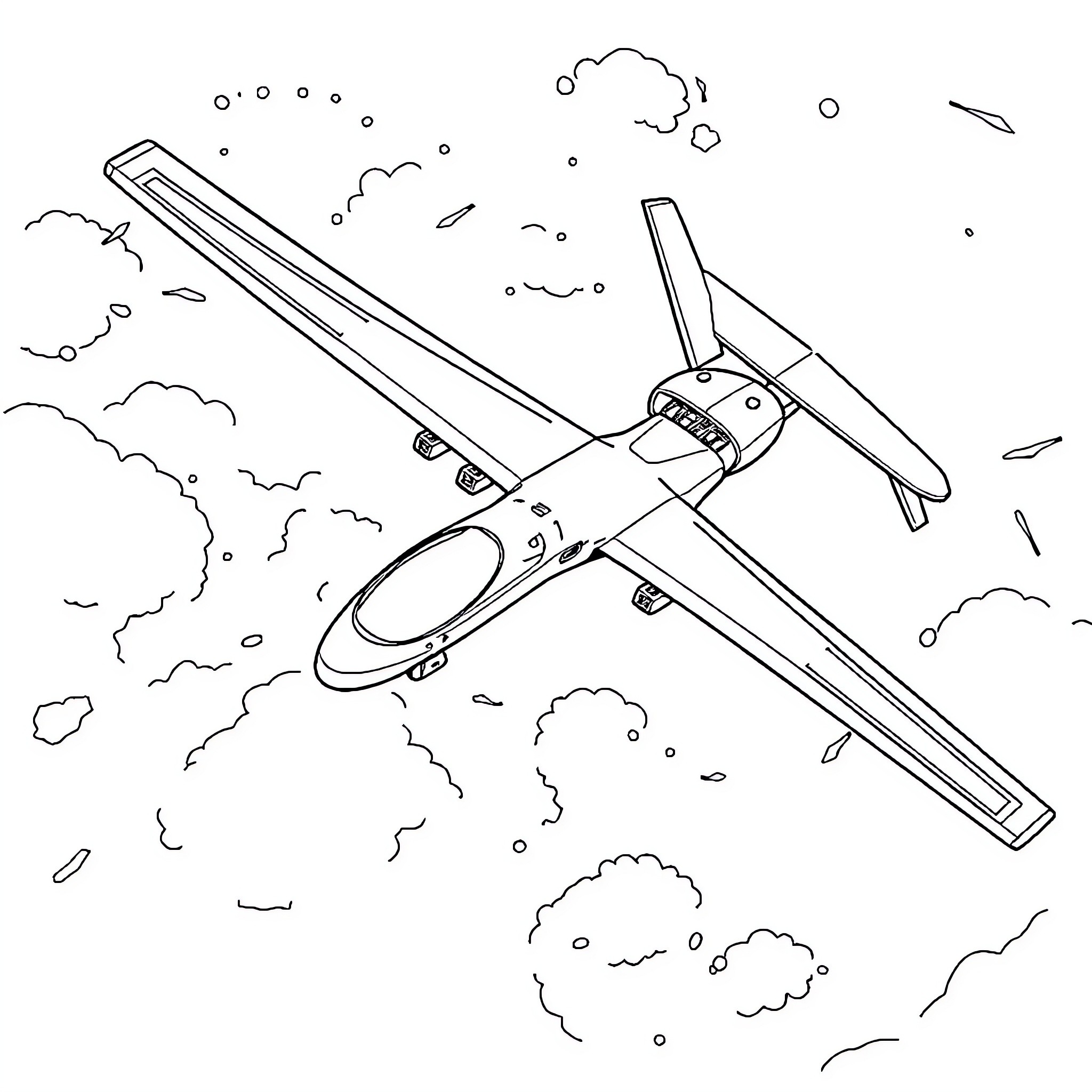 MQ-9 Reaper Drone in Flight Coloring Page (free black-and-white line drawing printable PDF for all, from beginners to advanced learners, including children, teens, adults, and seniors)