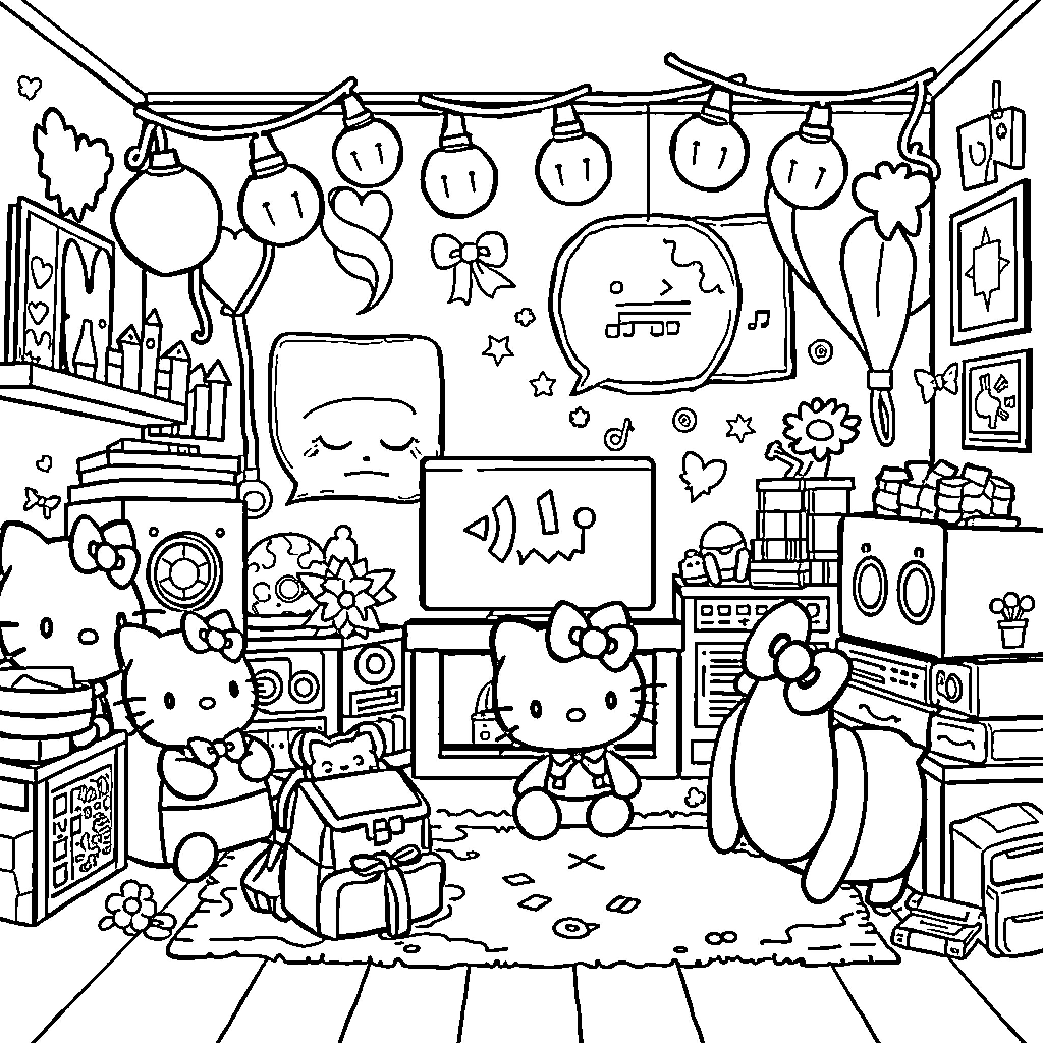 Hello Kitty and Friends Adorning Whimsical Room Coloring Page (free black-and-white line drawing printable PDF for all, from beginners to advanced learners, including children, teens, adults, and seniors)