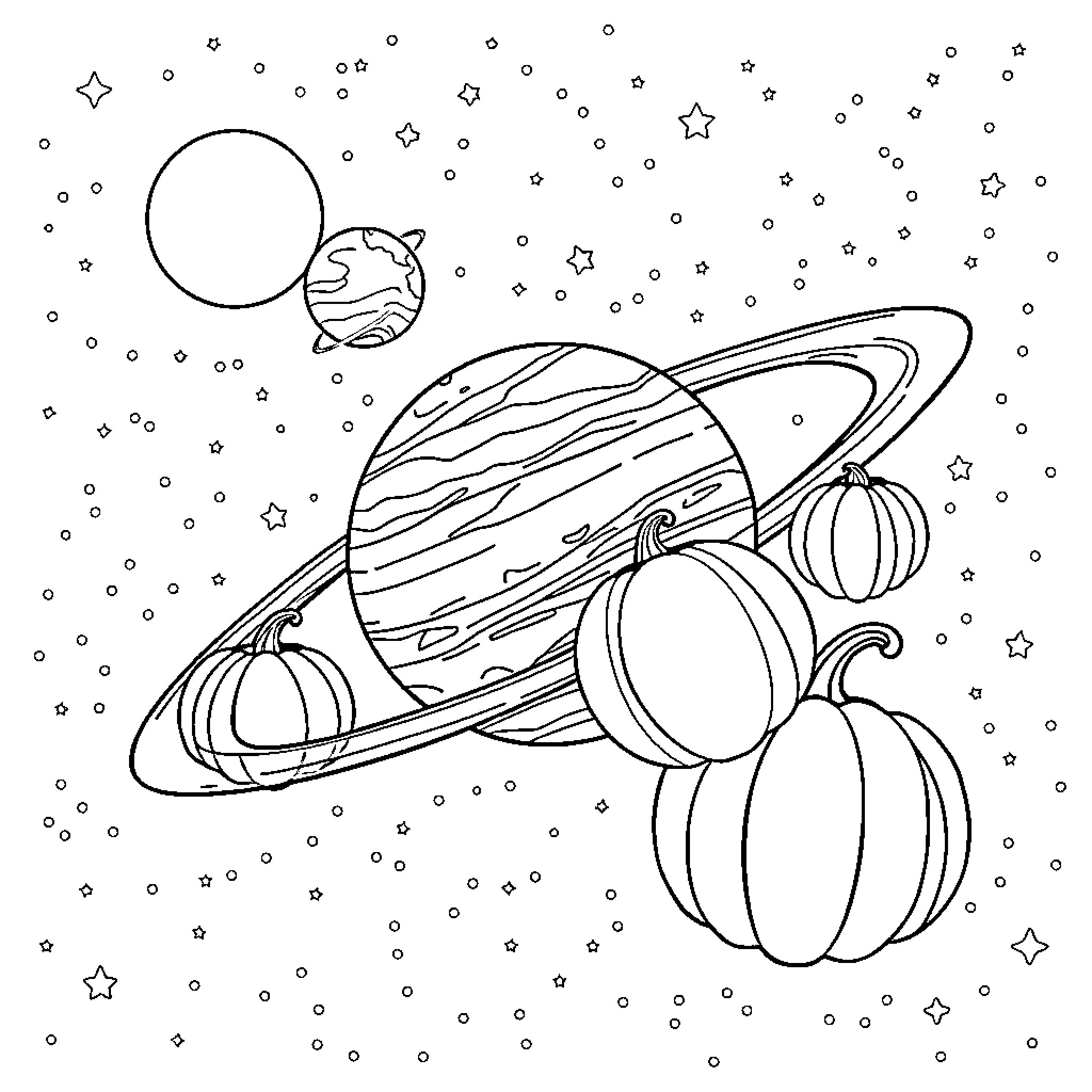 Pumpkin Planets Exploration in Outer Space Coloring Page (free black-and-white line drawing printable PDF for all, from beginners to advanced learners, including children, teens, adults, and seniors)