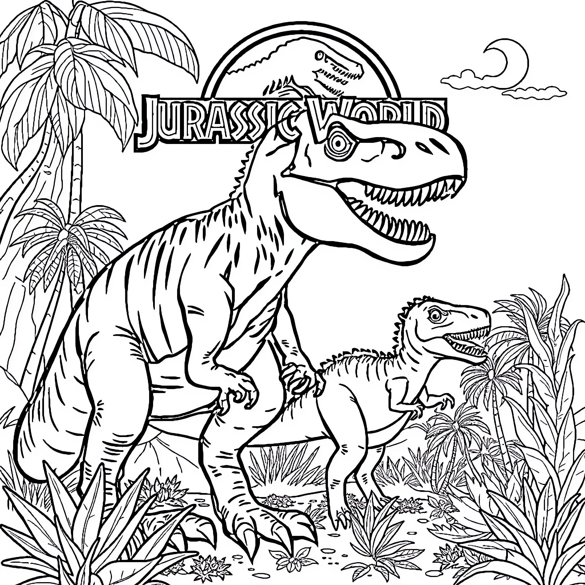 Jurassic World Dinosaurs in Prehistoric Jungle Coloring Page (free black-and-white line drawing printable PDF for all, from beginners to advanced learners, including children, teens, adults, and seniors)