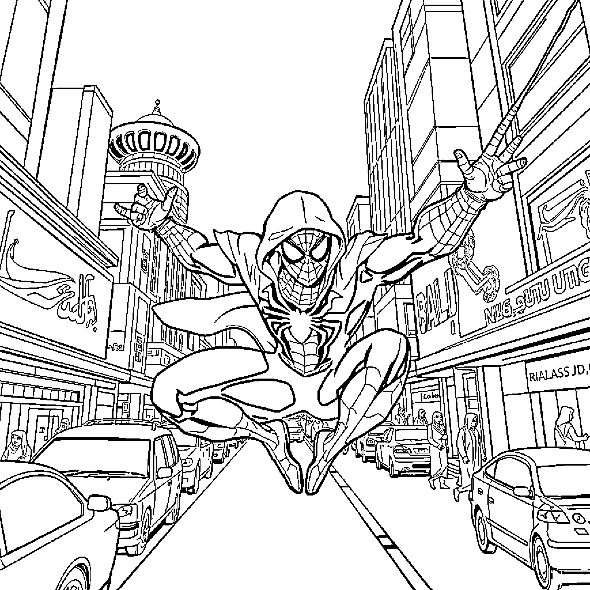Spider-Man Swinging Through the City Streets Coloring Page (free black-and-white line drawing printable PDF for all, from beginners to advanced learners, including children, teens, adults, and seniors)