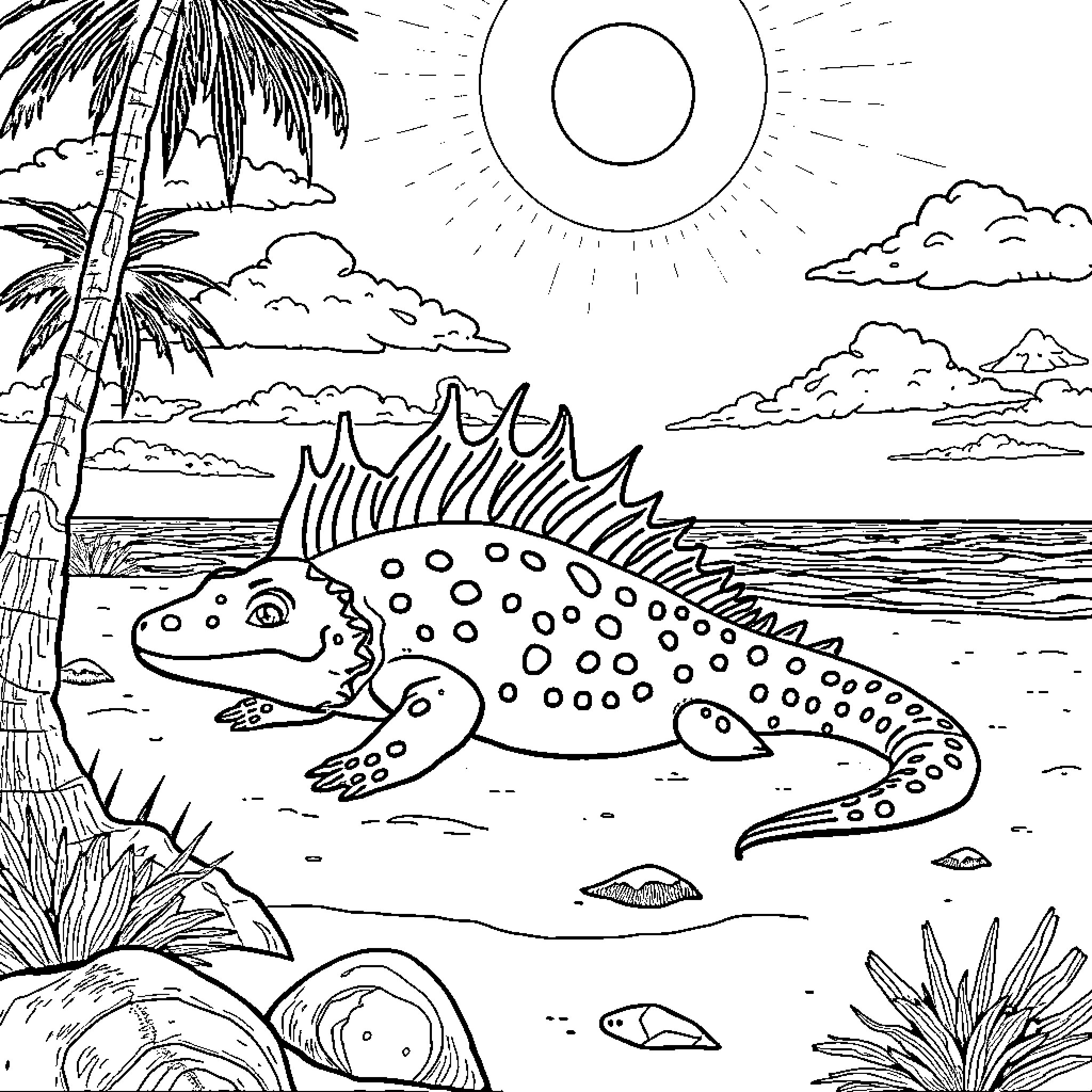 Ajolotl swimming in the tropical ocean Coloring Page (free black-and-white line drawing printable PDF for all, from beginners to advanced learners, including children, teens, adults, and seniors)