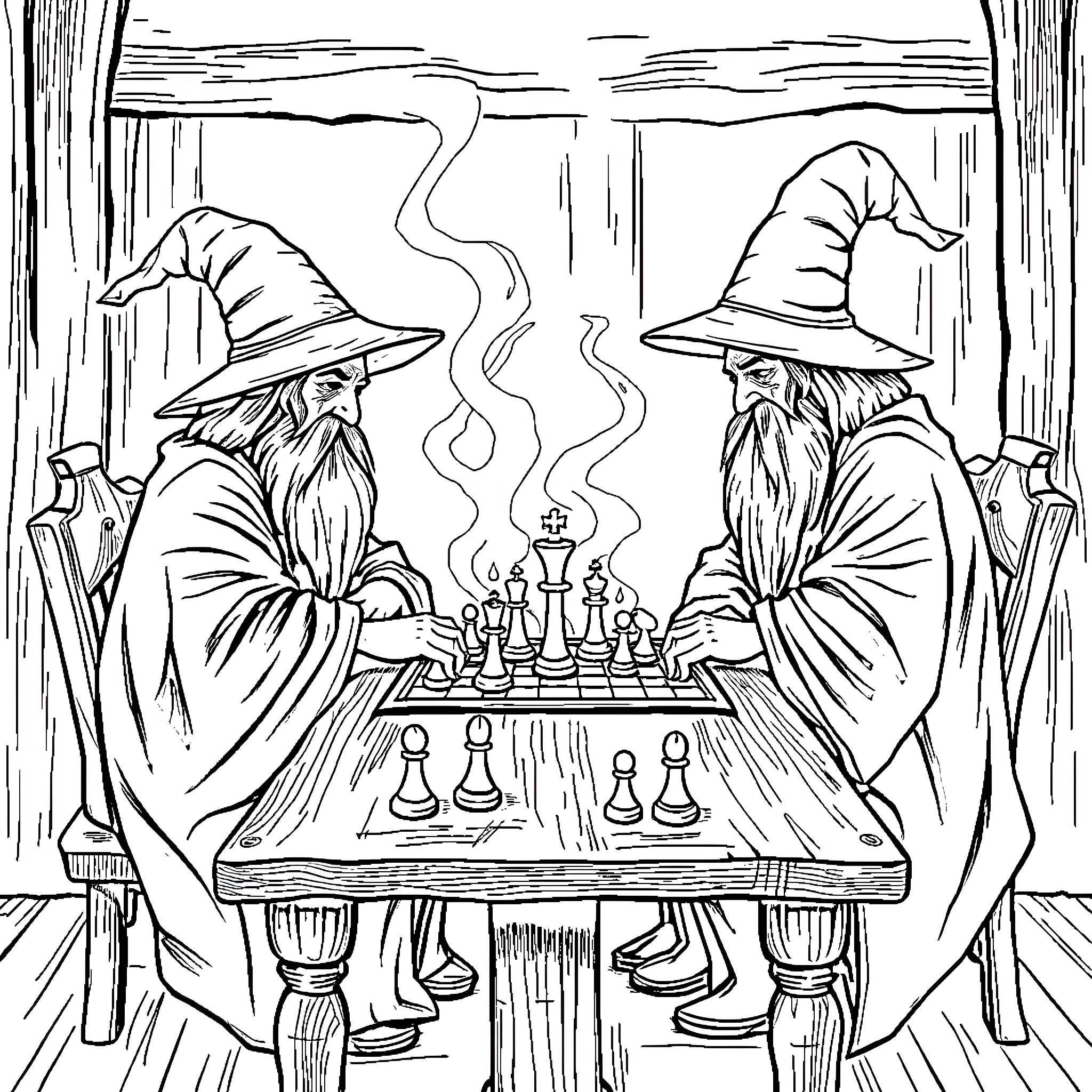 Wizard chess match in a magical setting Coloring Page (free black-and-white line drawing printable PDF for all, from beginners to advanced learners, including children, teens, adults, and seniors)