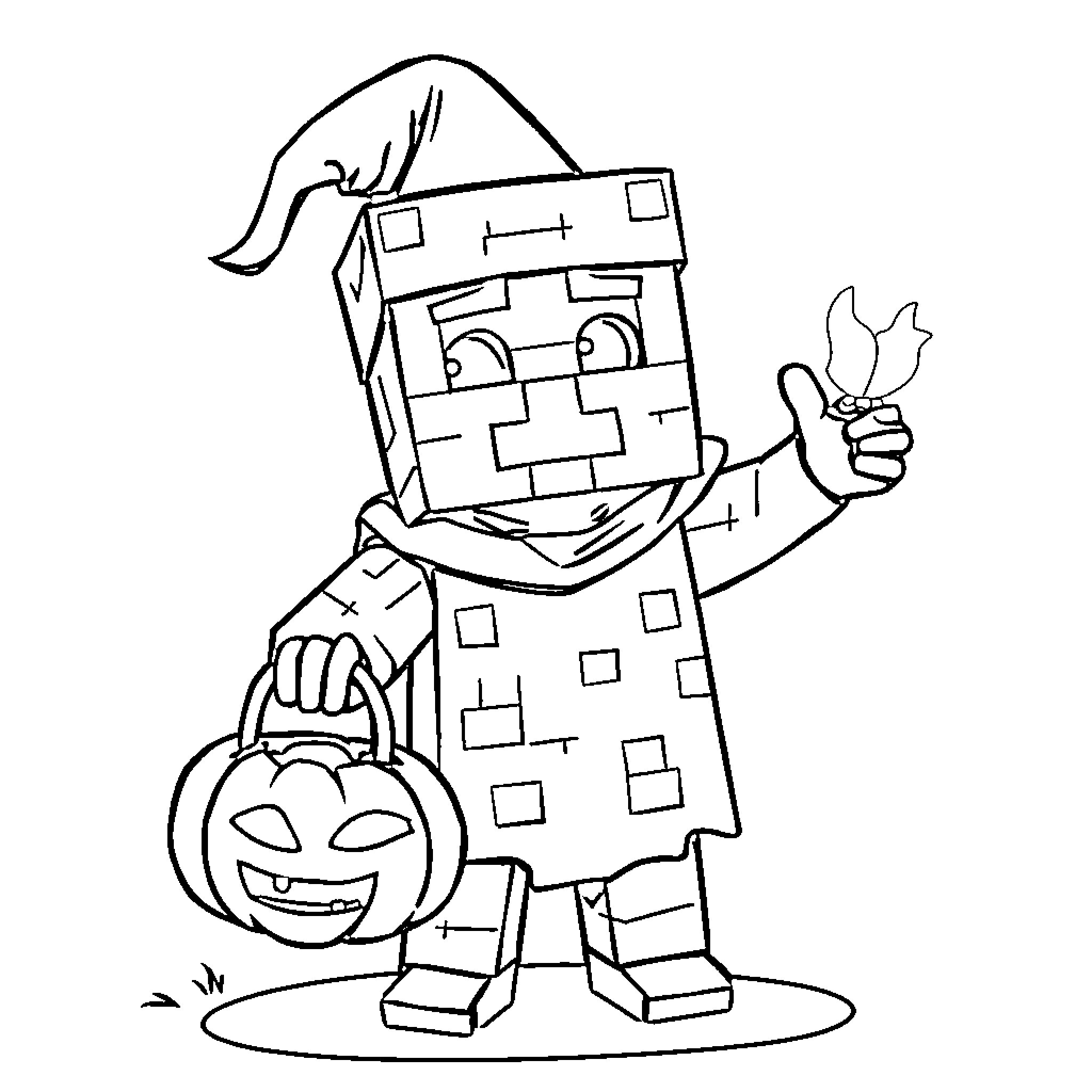 Creeper character holding pumpkin basket Coloring Page (free black-and-white line drawing printable PDF for all, from beginners to advanced learners, including children, teens, adults, and seniors)