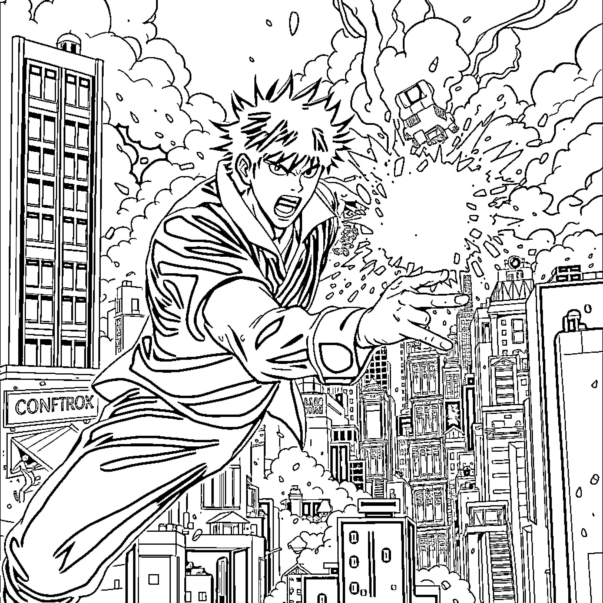 Tetsuo's Explosive Transformation in the Cityscape Coloring Page (free black-and-white line drawing printable PDF for all, from beginners to advanced learners, including children, teens, adults, and seniors)