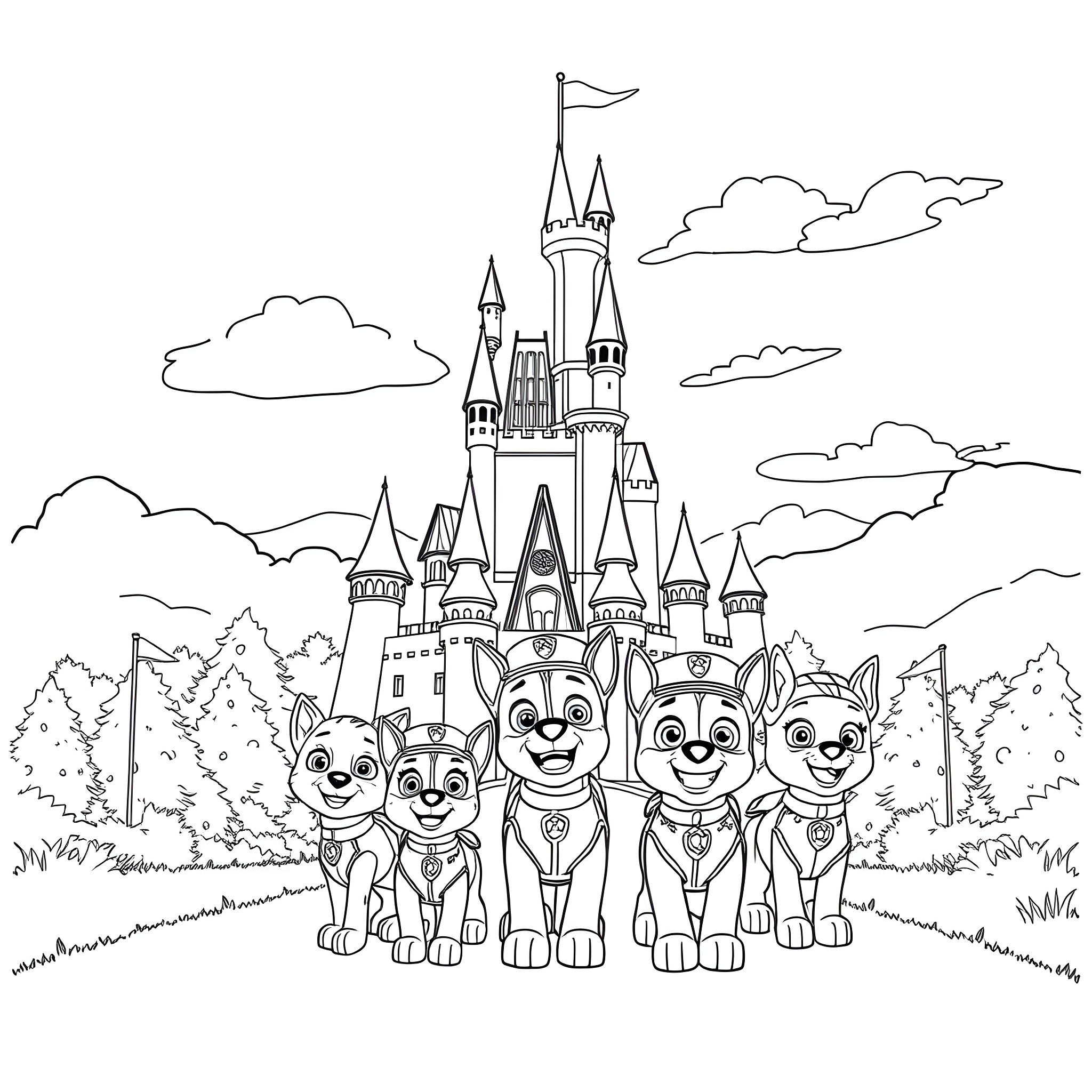 Paw Patrol Puppy Crew Exploring Fairytale Castle Coloring Page (free black-and-white line drawing printable PDF for all, from beginners to advanced learners, including children, teens, adults, and seniors)