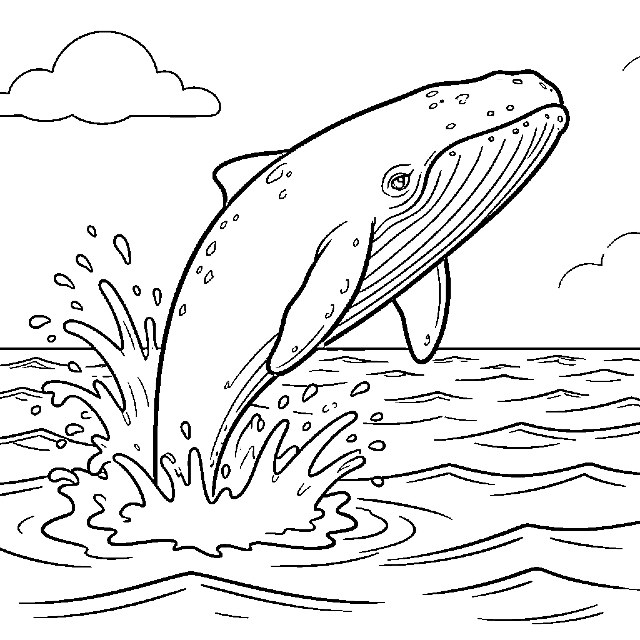 Sperm Whale leaping out of the ocean waves Coloring Page (free black-and-white line drawing printable PDF for all, from beginners to advanced learners, including children, teens, adults, and seniors)