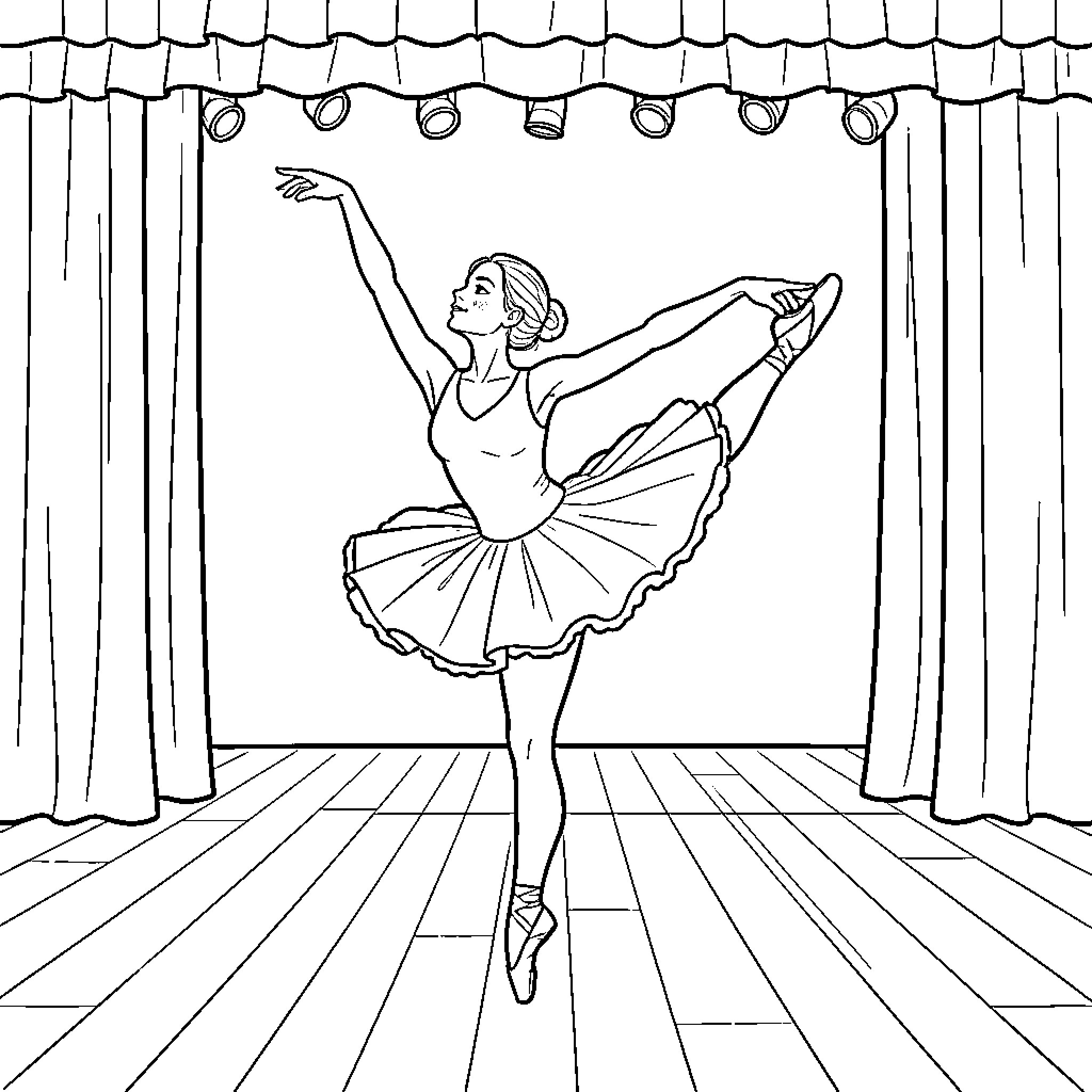 Dancer performing gracefully on stage Coloring Page (free black-and-white line drawing printable PDF for all, from beginners to advanced learners, including children, teens, adults, and seniors)