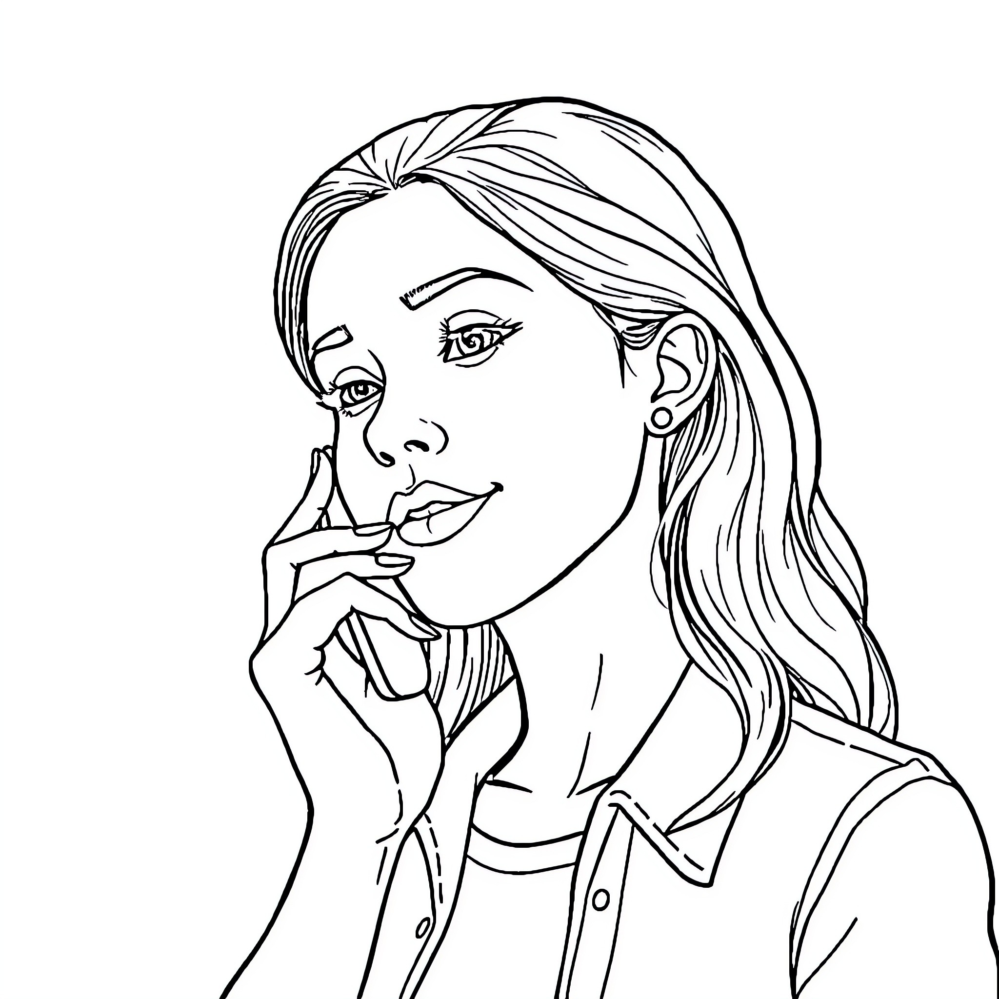 Girl pondering thoughtfully with hand on chin Coloring Page (free black-and-white line drawing printable PDF for all, from beginners to advanced learners, including children, teens, adults, and seniors)