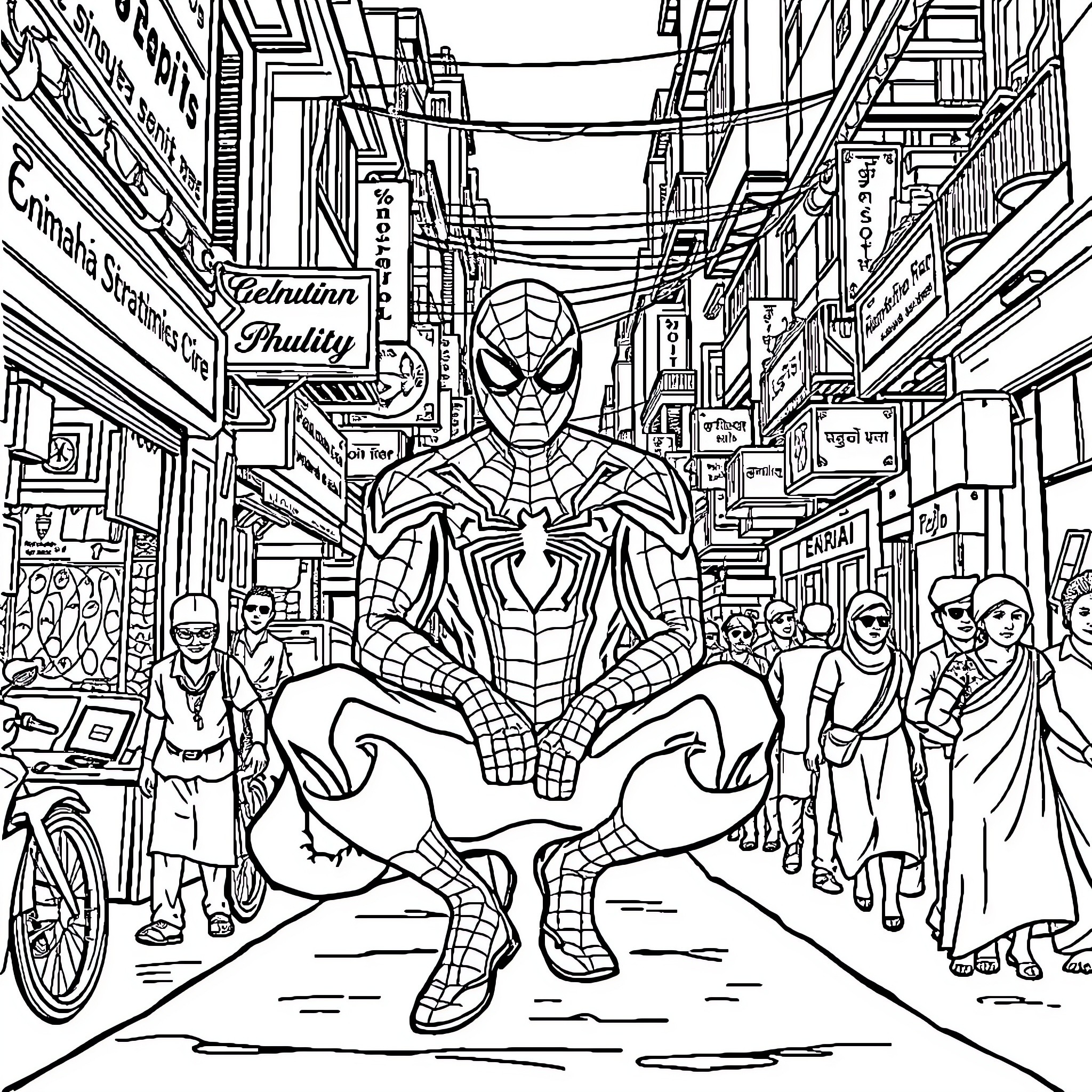 Spiderman Swinging Through a Bustling City Street Coloring Page (free black-and-white line drawing printable PDF for all, from beginners to advanced learners, including children, teens, adults, and seniors)