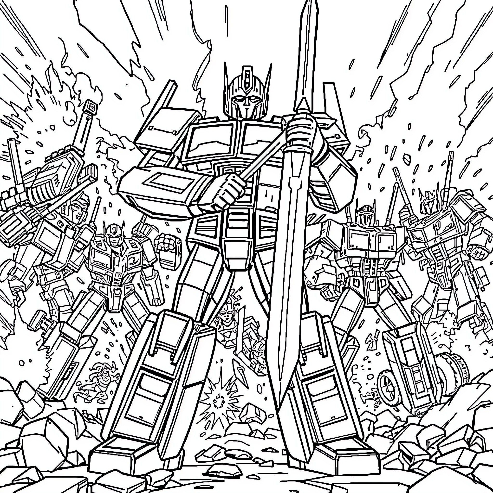 Optimus Prime leading the Autobot army in an epic battle Coloring Page (free black-and-white line drawing printable PDF for all, from beginners to advanced learners, including children, teens, adults, and seniors)