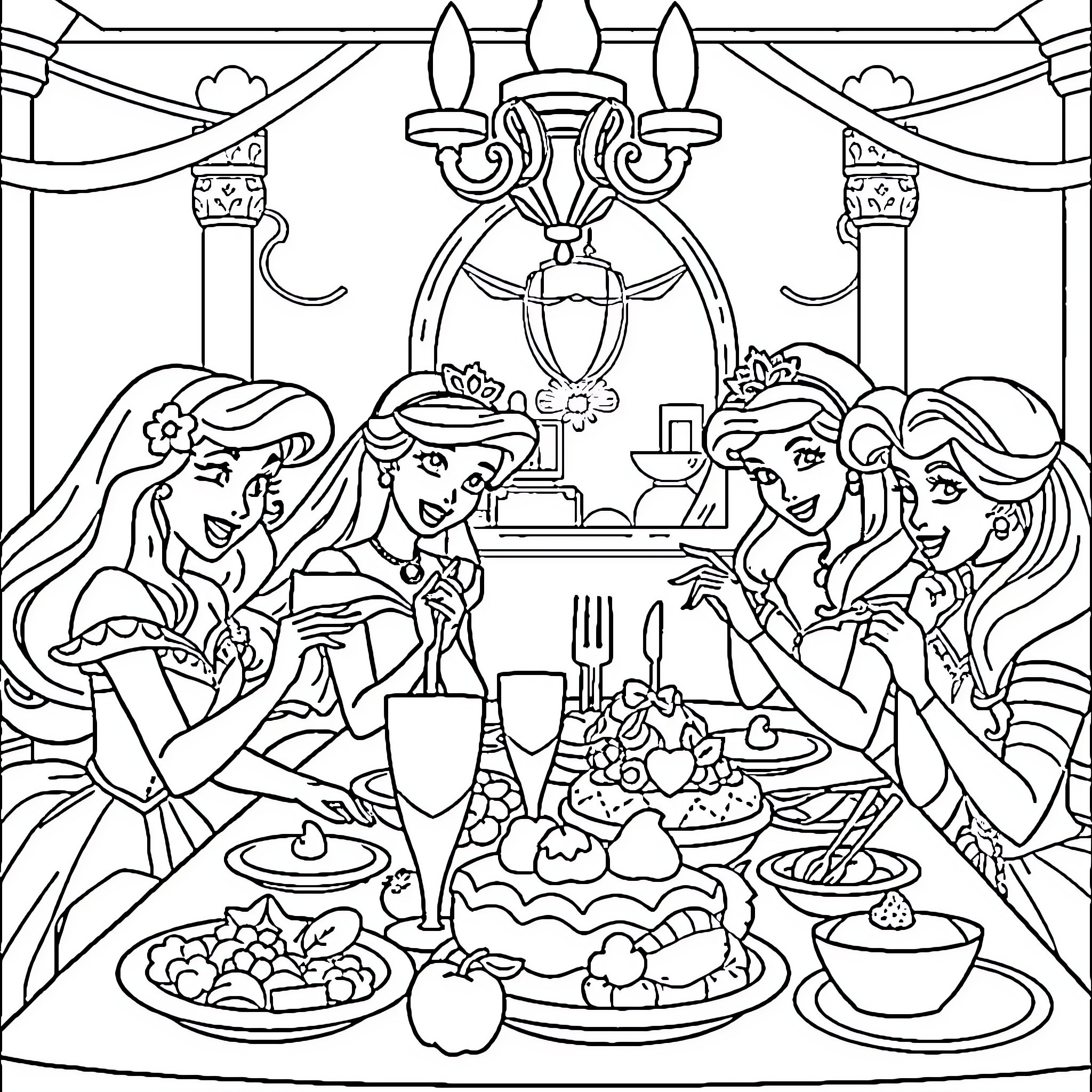 Princess Tea Party with Friends Coloring Page (free black-and-white line drawing printable PDF for all, from beginners to advanced learners, including children, teens, adults, and seniors)