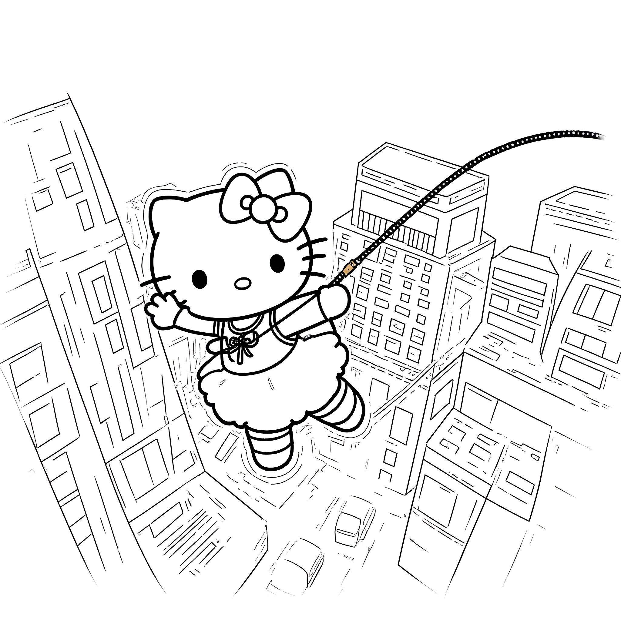 Hello Kitty soaring through the city skyline Coloring Page (free black-and-white line drawing printable PDF for all, from beginners to advanced learners, including children, teens, adults, and seniors)