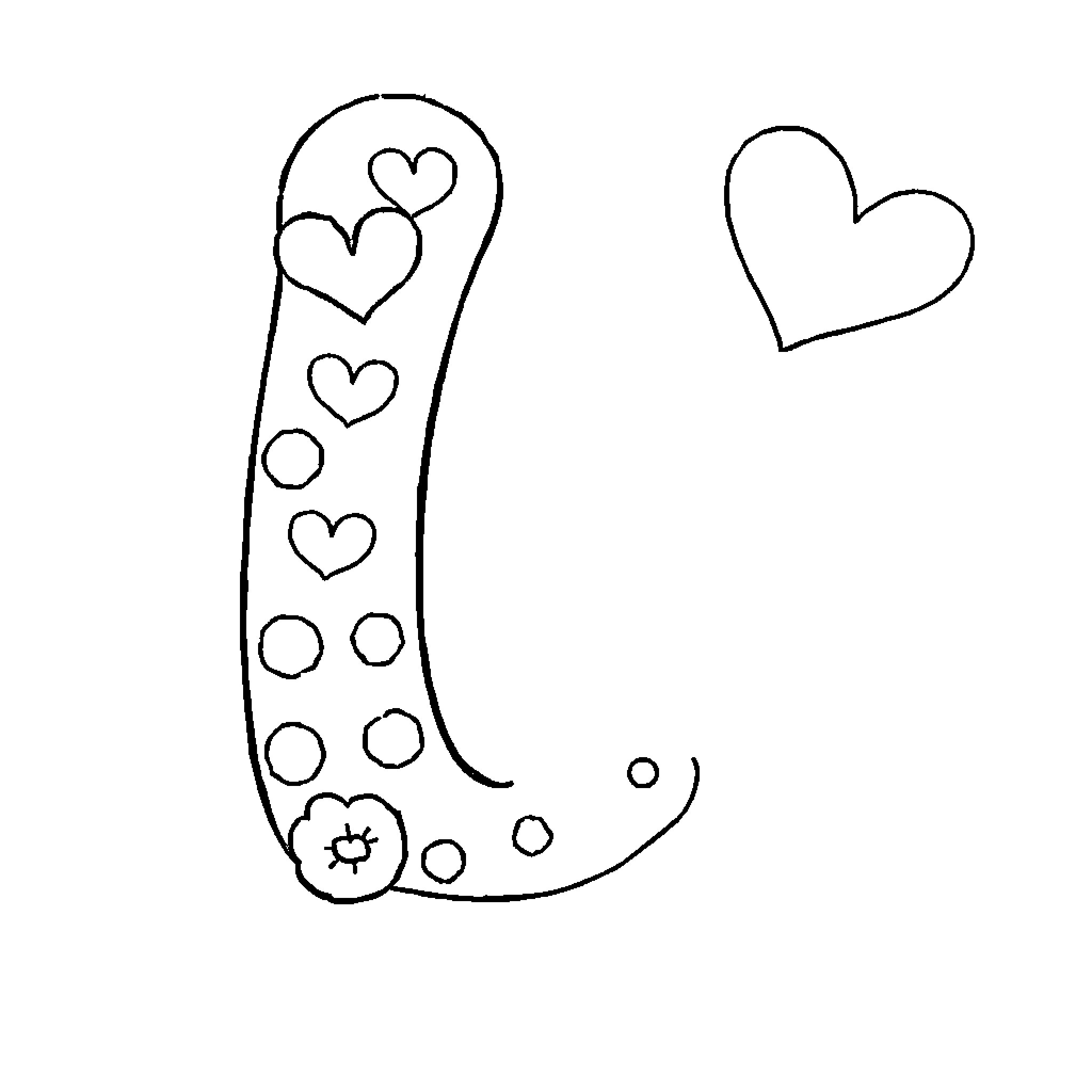 Letter I with Hearts and Flowers Coloring Page (free black-and-white line drawing printable PDF for all, from beginners to advanced learners, including children, teens, adults, and seniors)