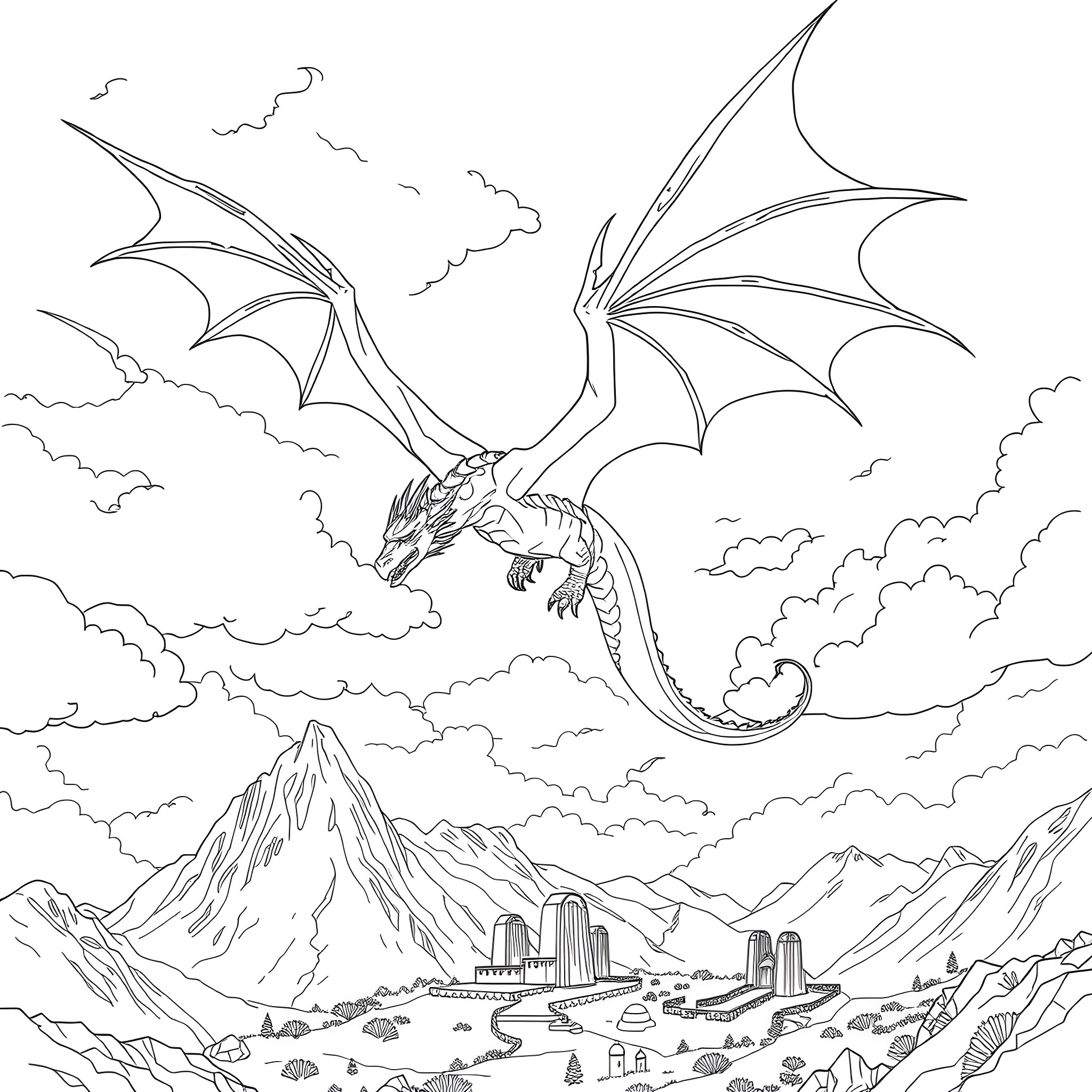 Dragon soaring over majestic mountain landscape Coloring Page (free black-and-white line drawing printable PDF for all, from beginners to advanced learners, including children, teens, adults, and seniors)