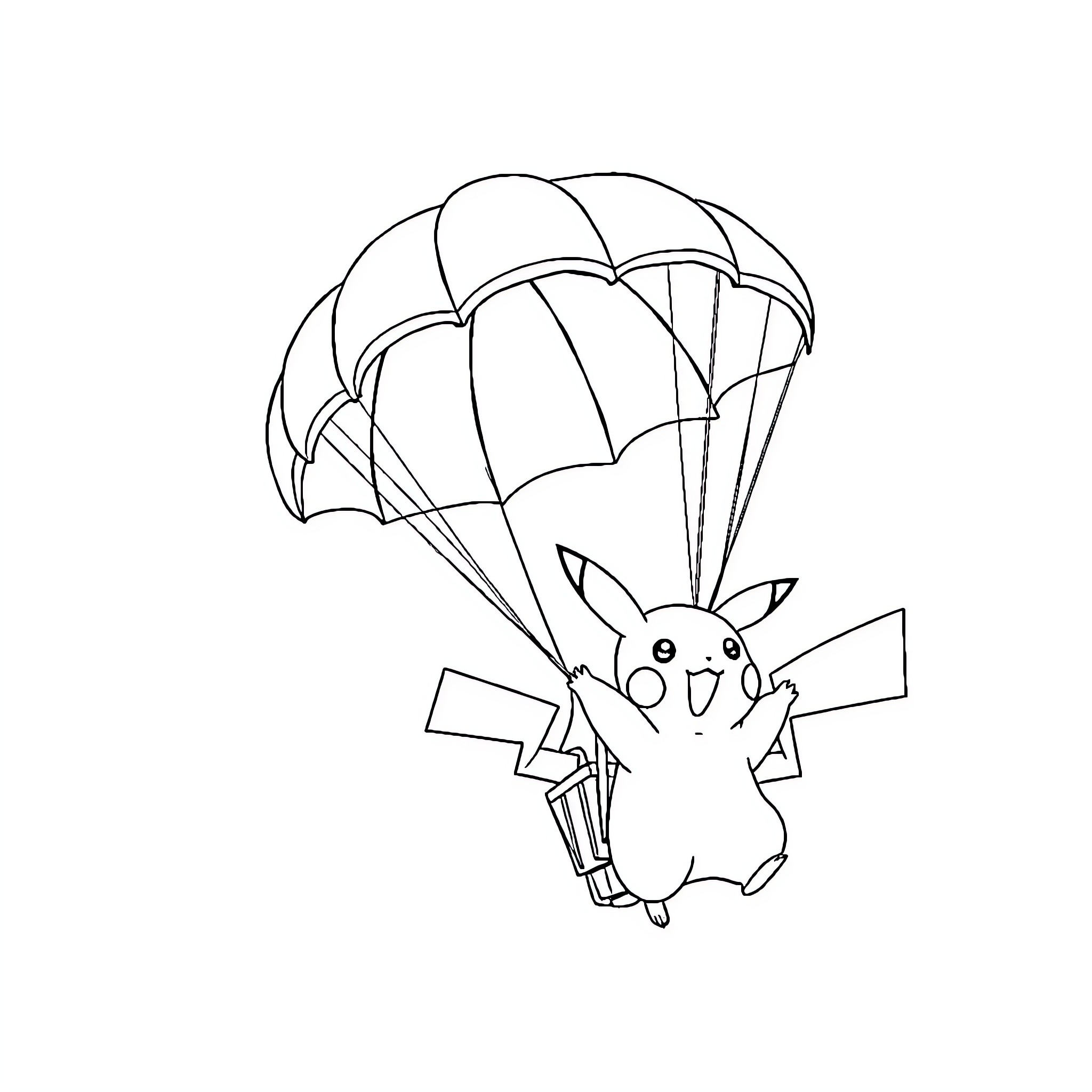 Pikachu skydiving with parachute Coloring Page (free black-and-white line drawing printable PDF for all, from beginners to advanced learners, including children, teens, adults, and seniors)