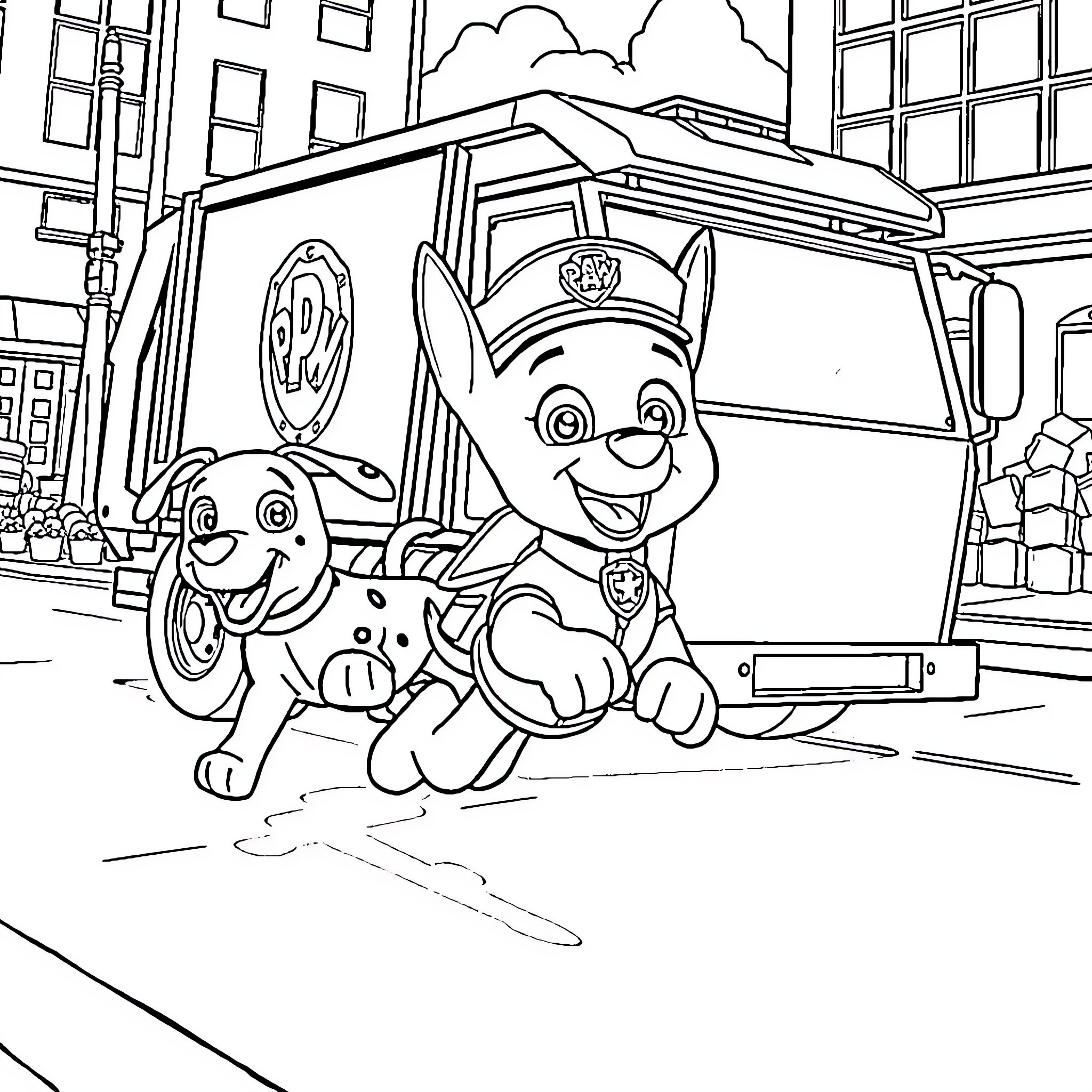 Chase through the city with police pups Coloring Page (free black-and-white line drawing printable PDF for all, from beginners to advanced learners, including children, teens, adults, and seniors)
