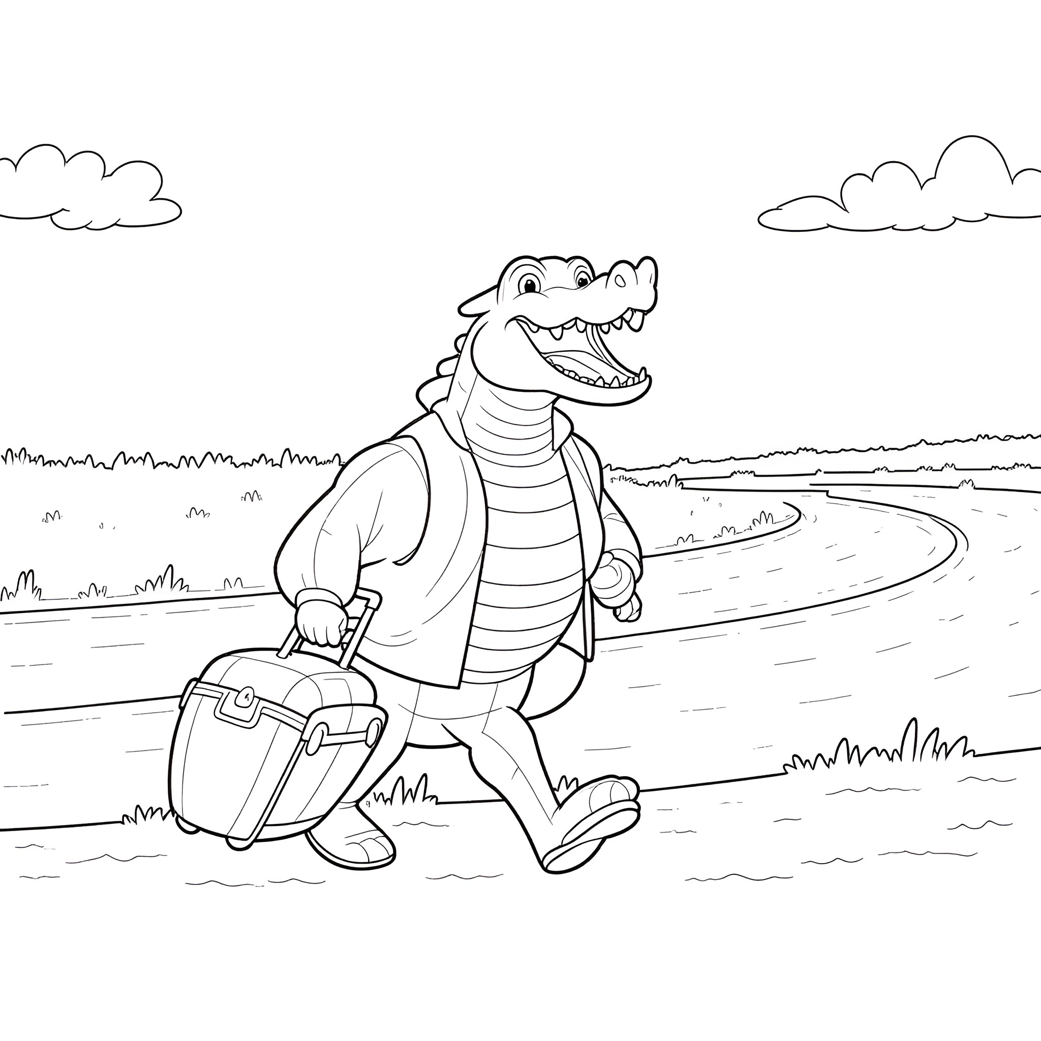 Alligator carrying luggage on the road Coloring Page (free black-and-white line drawing printable PDF for all, from beginners to advanced learners, including children, teens, adults, and seniors)