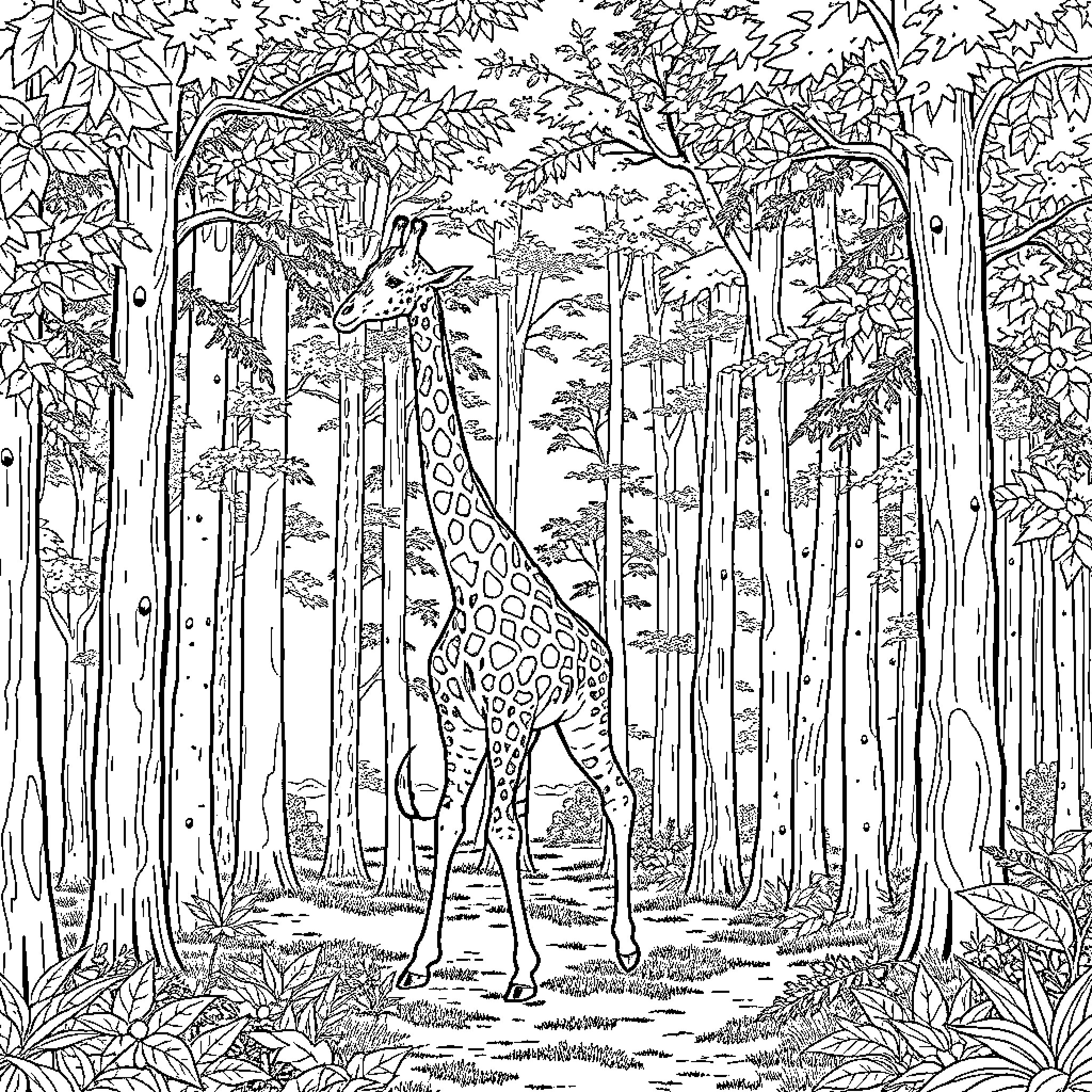 Giraffe in the dense forest Coloring Page (free black-and-white line drawing printable PDF for all, from beginners to advanced learners, including children, teens, adults, and seniors)