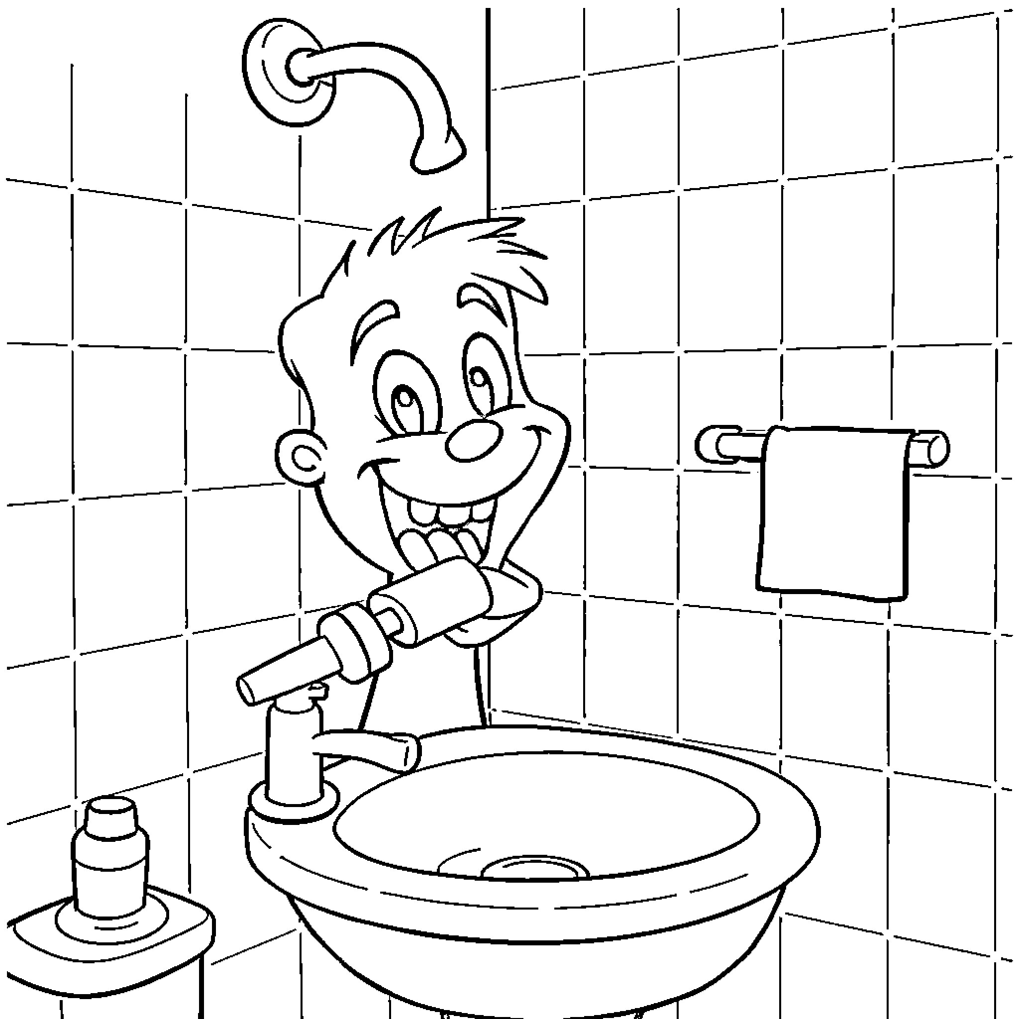 Tooth Brushing with Glee in the Bathroom Coloring Page (free black-and-white line drawing printable PDF for all, from beginners to advanced learners, including children, teens, adults, and seniors)