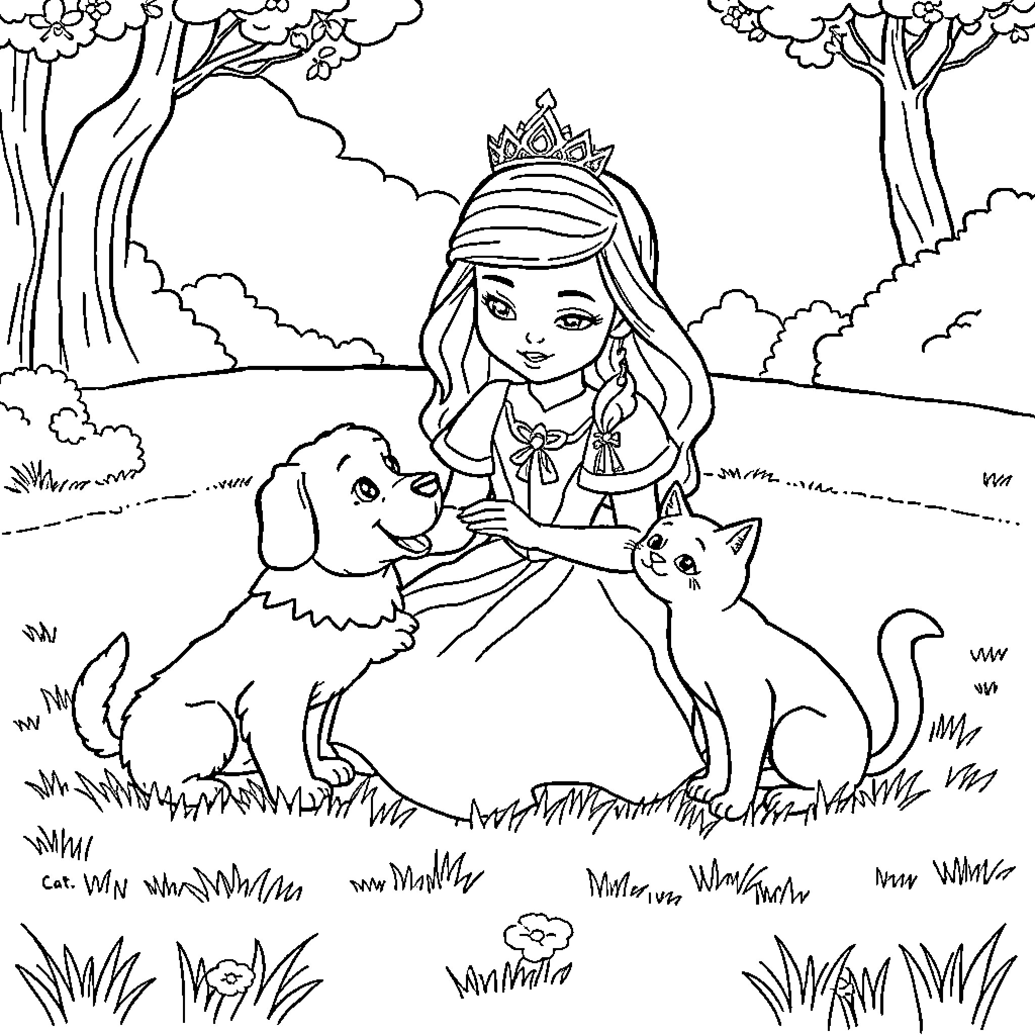 Princess enjoys nature with animal companions Coloring Page (free black-and-white line drawing printable PDF for all, from beginners to advanced learners, including children, teens, adults, and seniors)
