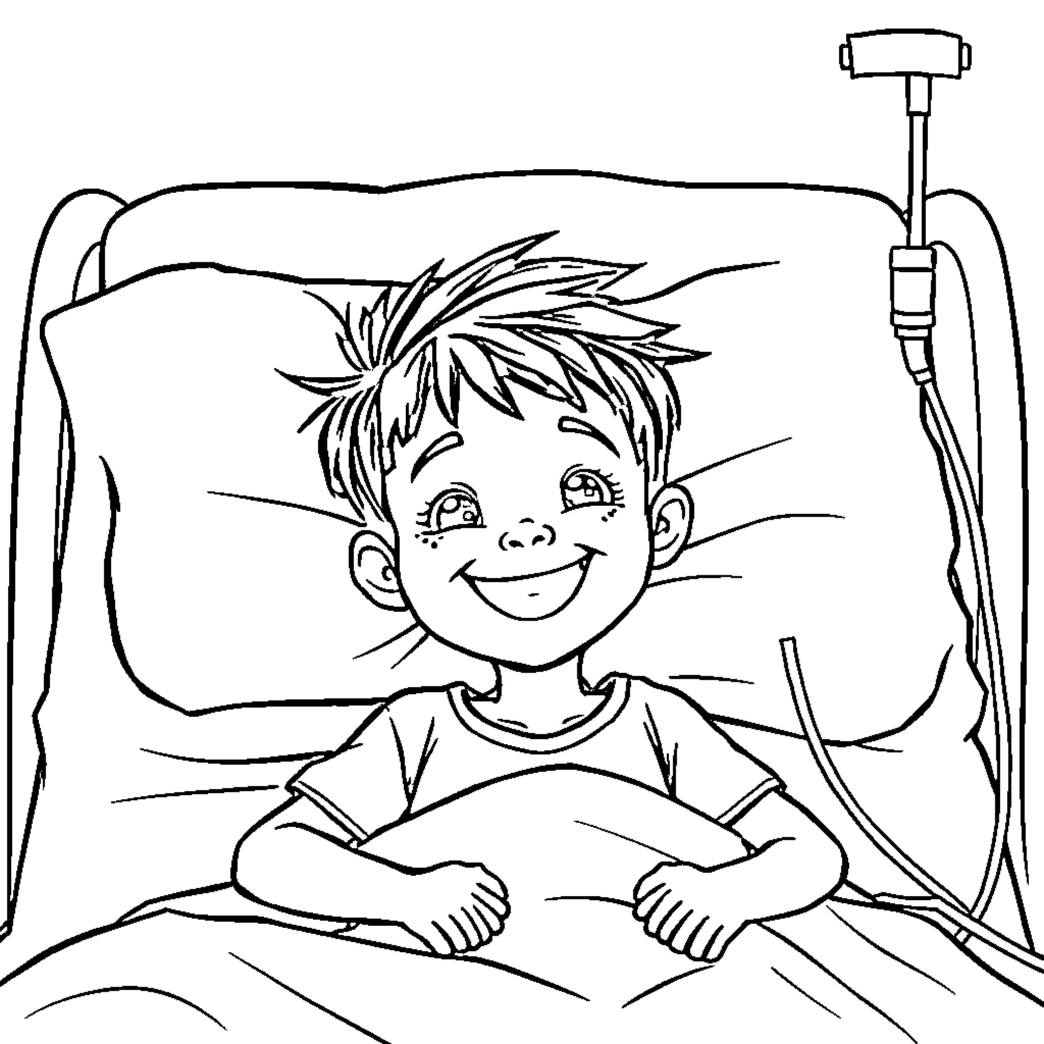 Kid resting in hospital bed Coloring Page (free black-and-white line drawing printable PDF for all, from beginners to advanced learners, including children, teens, adults, and seniors)