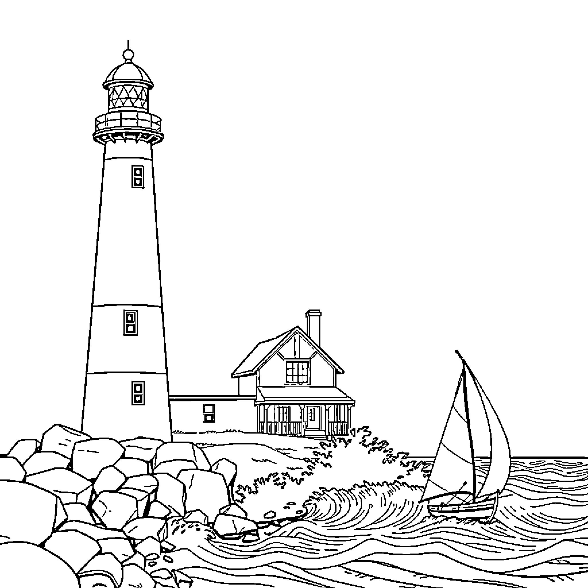 Lighthouse overlooking sailboat and coastal scene Coloring Page (free black-and-white line drawing printable PDF for all, from beginners to advanced learners, including children, teens, adults, and seniors)