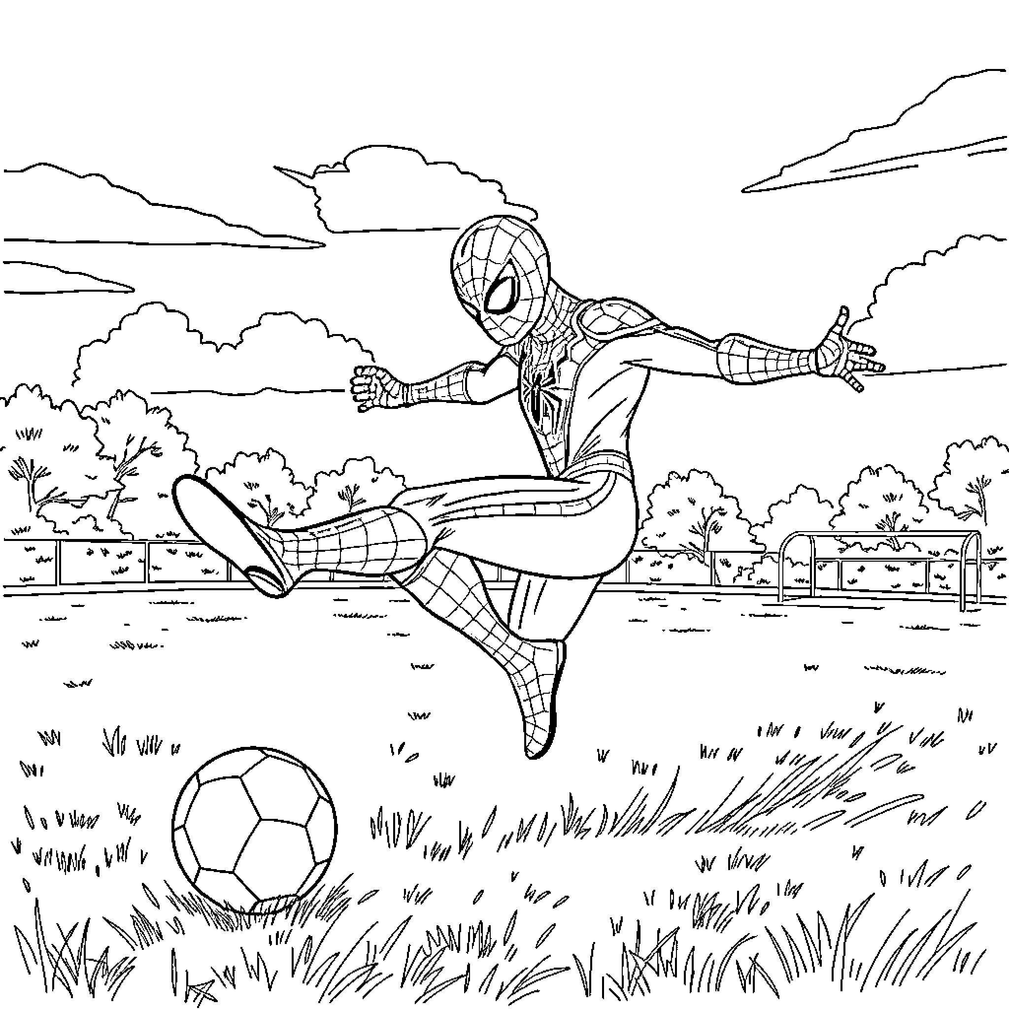 Spider-Man playing with soccer ball in the park Coloring Page (free black-and-white line drawing printable PDF for all, from beginners to advanced learners, including children, teens, adults, and seniors)