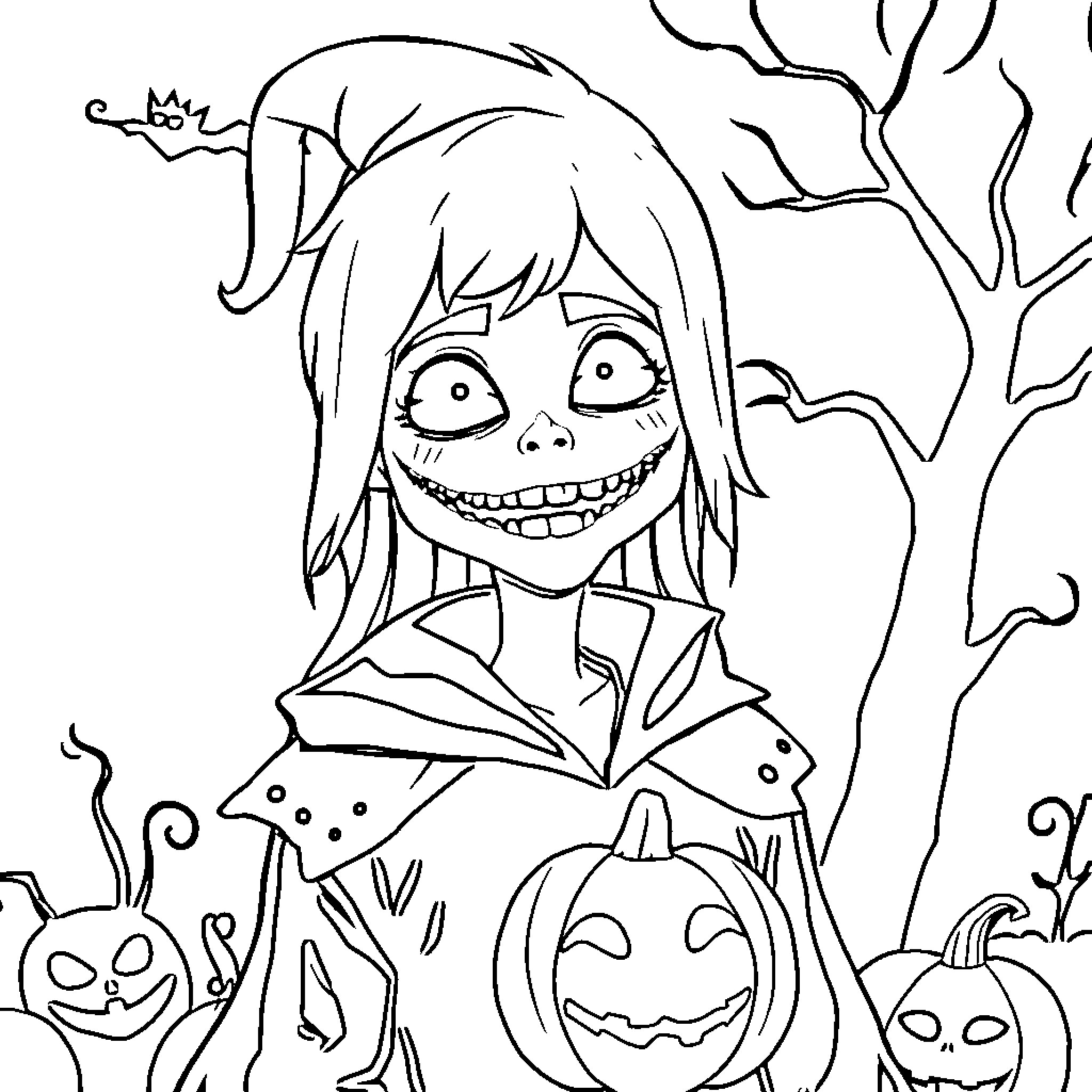 Avatar of a spooky character in a creepy forest Coloring Page (free black-and-white line drawing printable PDF for all, from beginners to advanced learners, including children, teens, adults, and seniors)