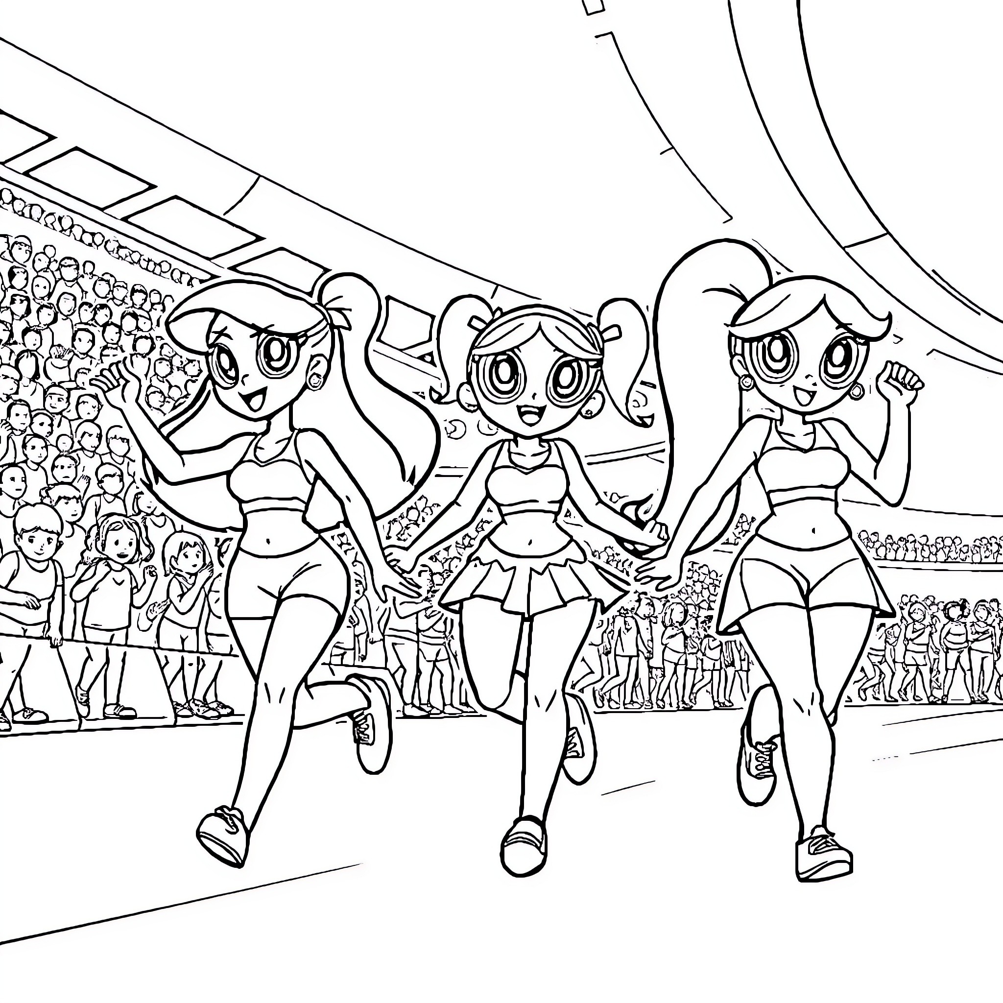 Powerpuff Girls performing on stage Coloring Page (free black-and-white line drawing printable PDF for all, from beginners to advanced learners, including children, teens, adults, and seniors)