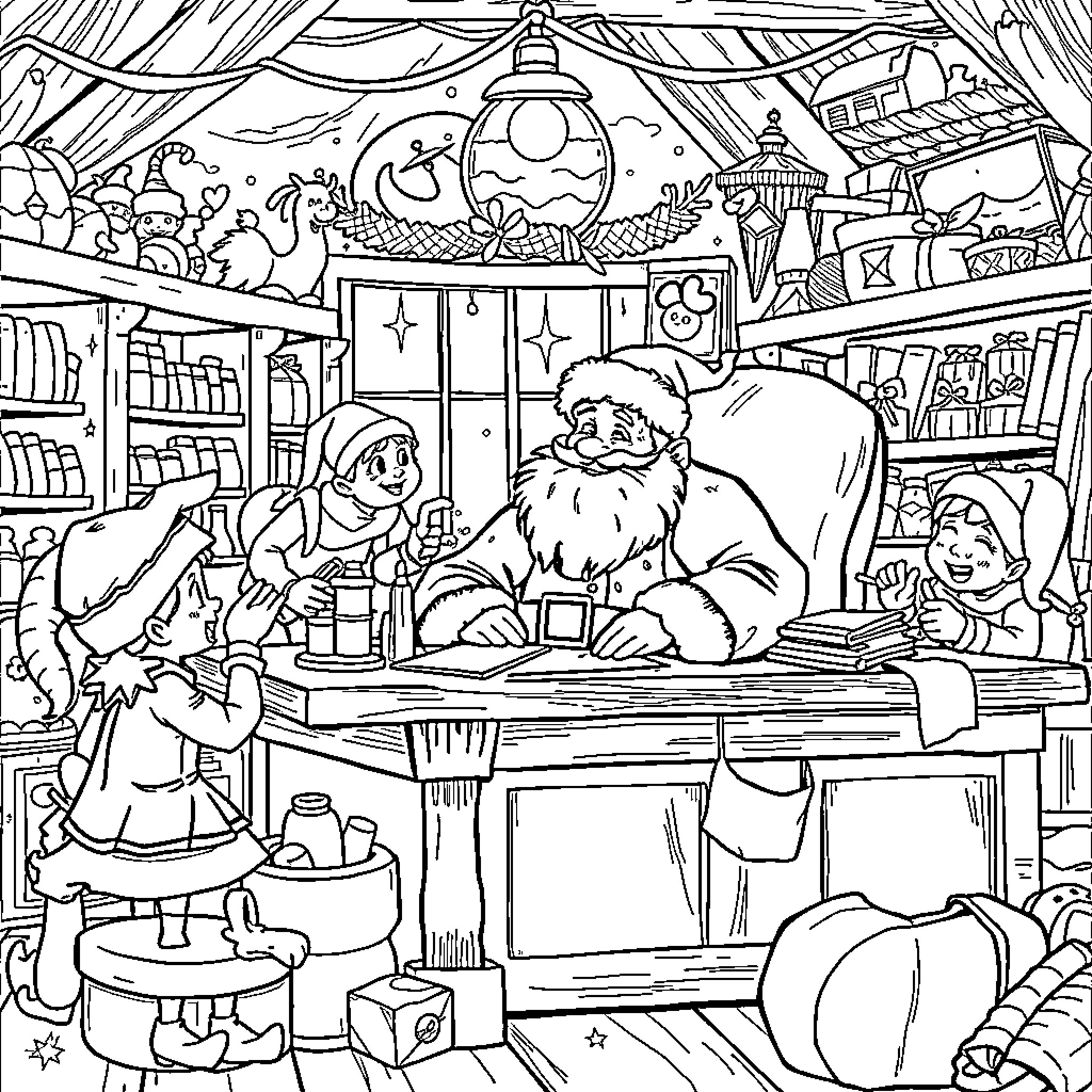 Santa's Workshop Full of Holiday Cheer and Toys Coloring Page (free black-and-white line drawing printable PDF for all, from beginners to advanced learners, including children, teens, adults, and seniors)