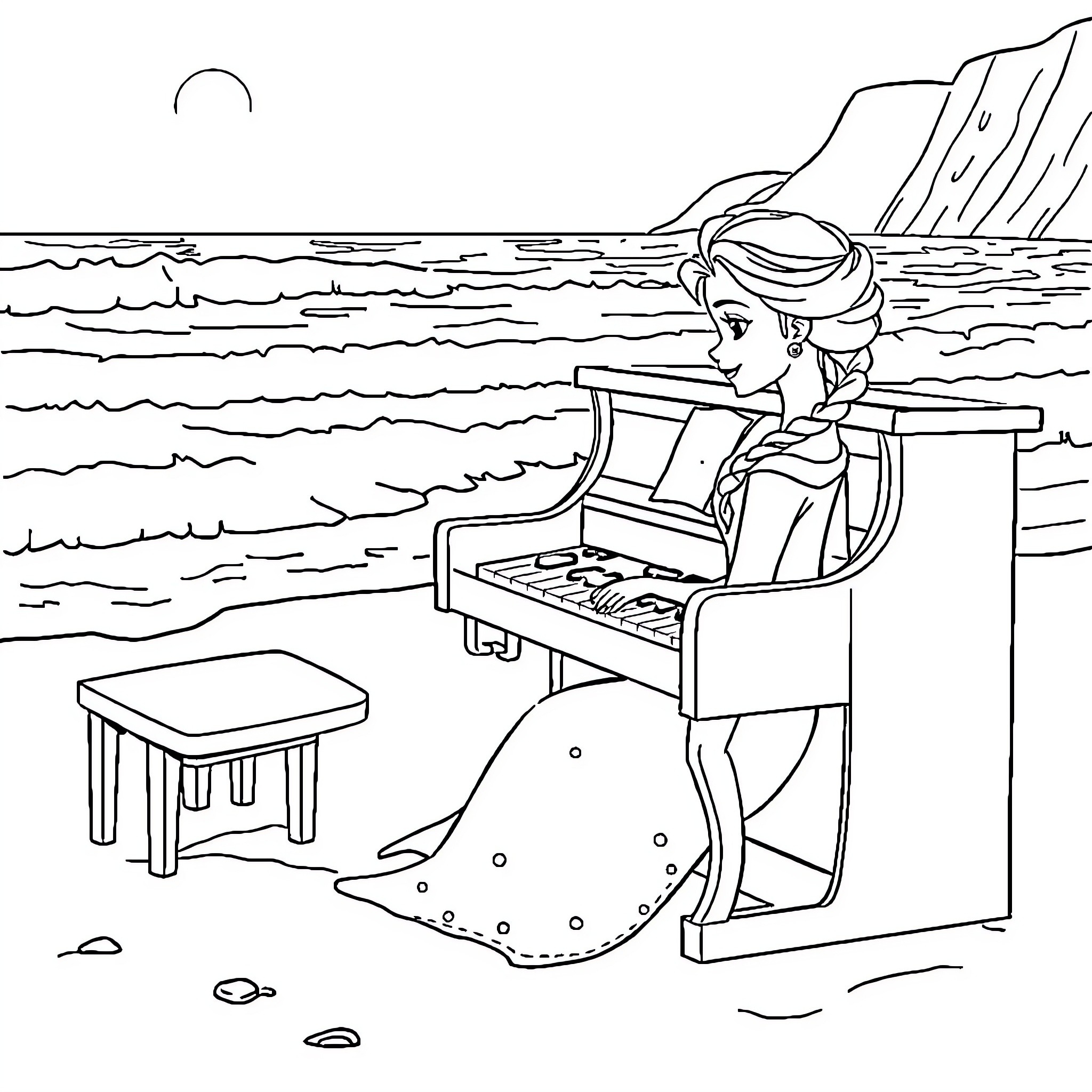 Elsa playing piano by the ocean Coloring Page (free black-and-white line drawing printable PDF for all, from beginners to advanced learners, including children, teens, adults, and seniors)