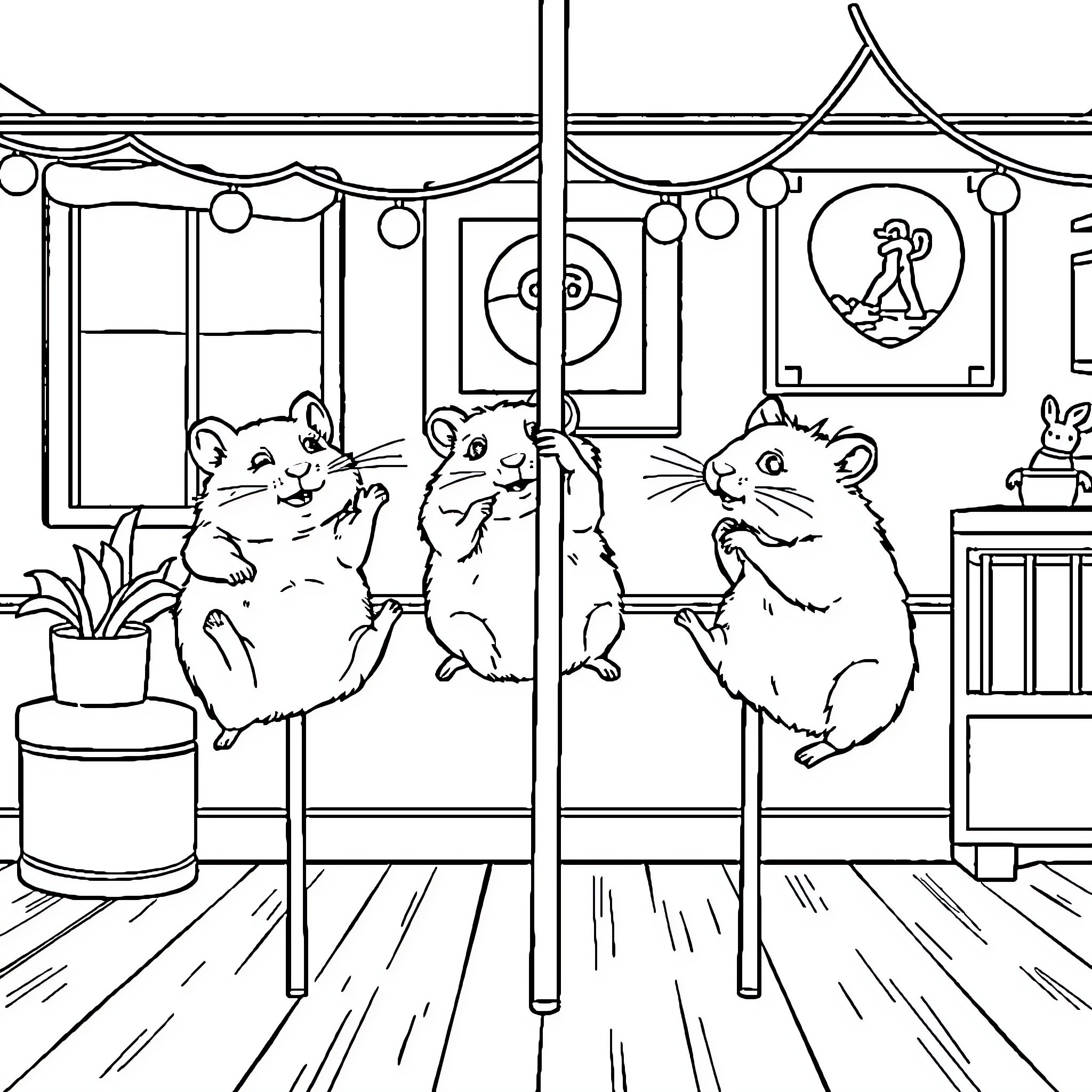 Hamsters playing playfully in a cozy room Coloring Page (free black-and-white line drawing printable PDF for all, from beginners to advanced learners, including children, teens, adults, and seniors)